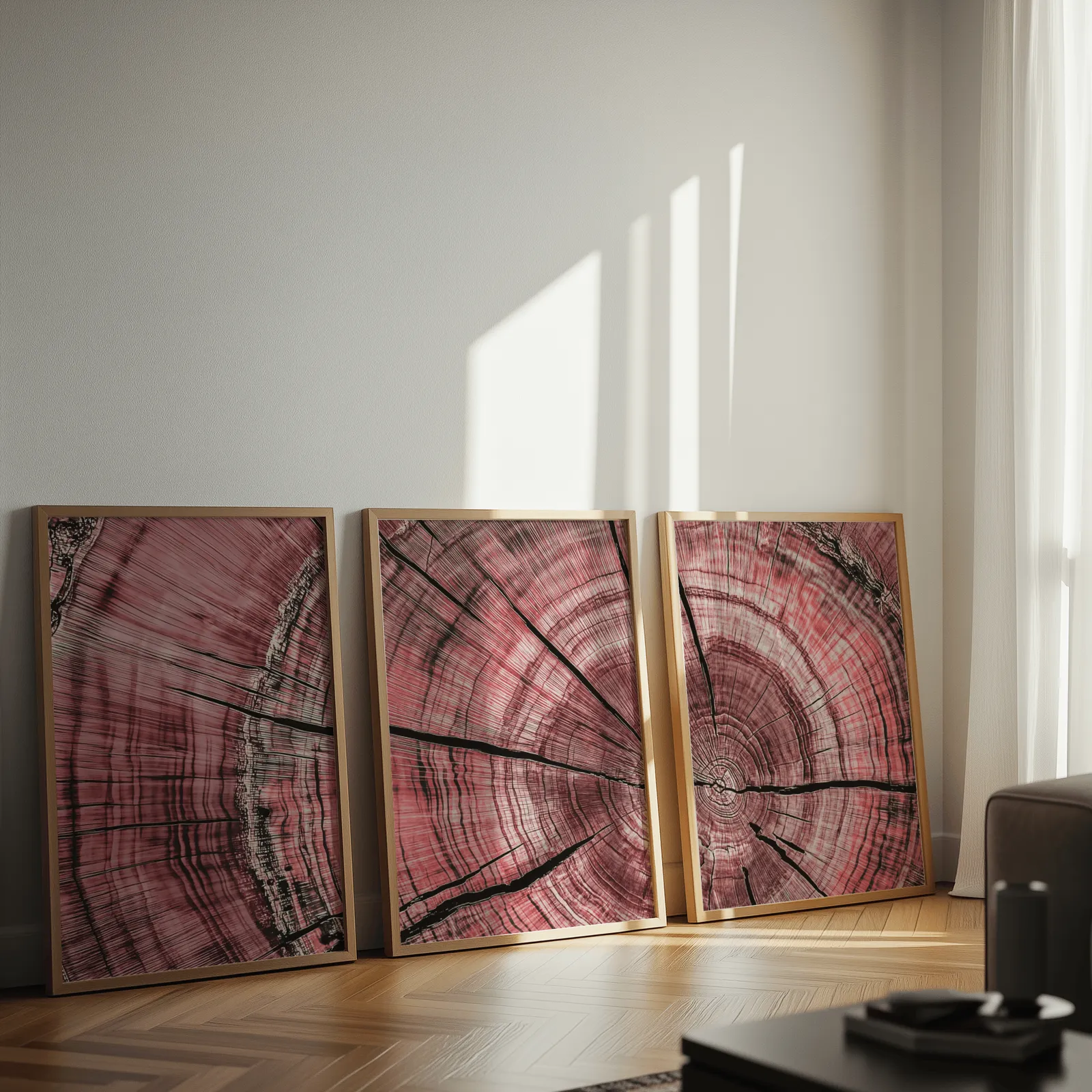 pink tree rings triptych wall art, leaning against a sunlit wall on herringbone flooring
