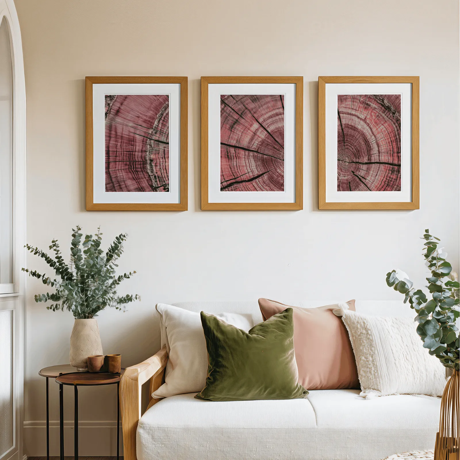pink tree rings triptych wall art, above a cream sofa piled with olive and blush pillows