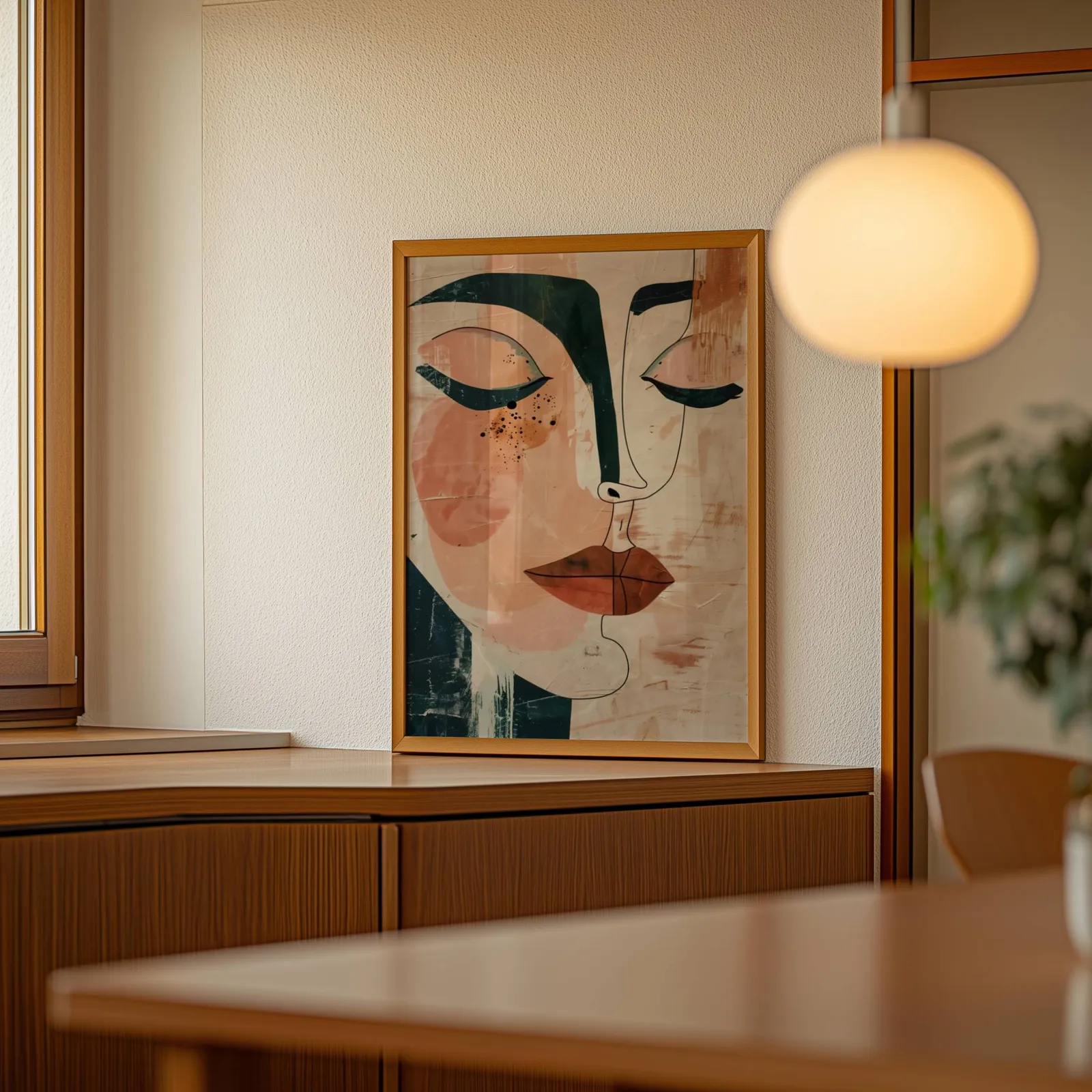 abstract face art print in terracotta and green, leaning on a wooden sideboard beside a glowing globe pendant