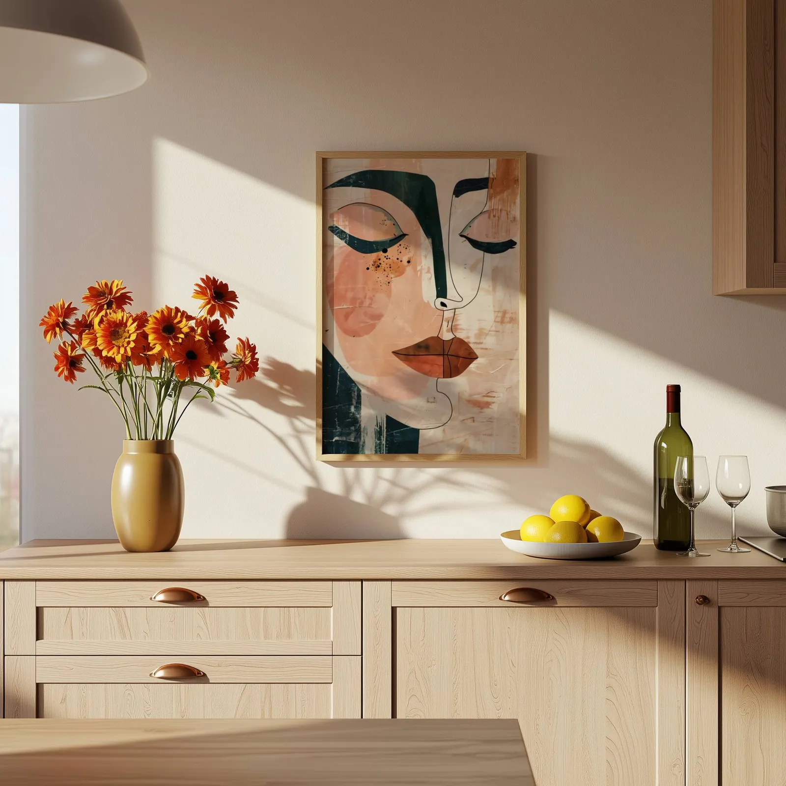 abstract face art print in terracotta and green, above a wooden counter with a bowl of lemons