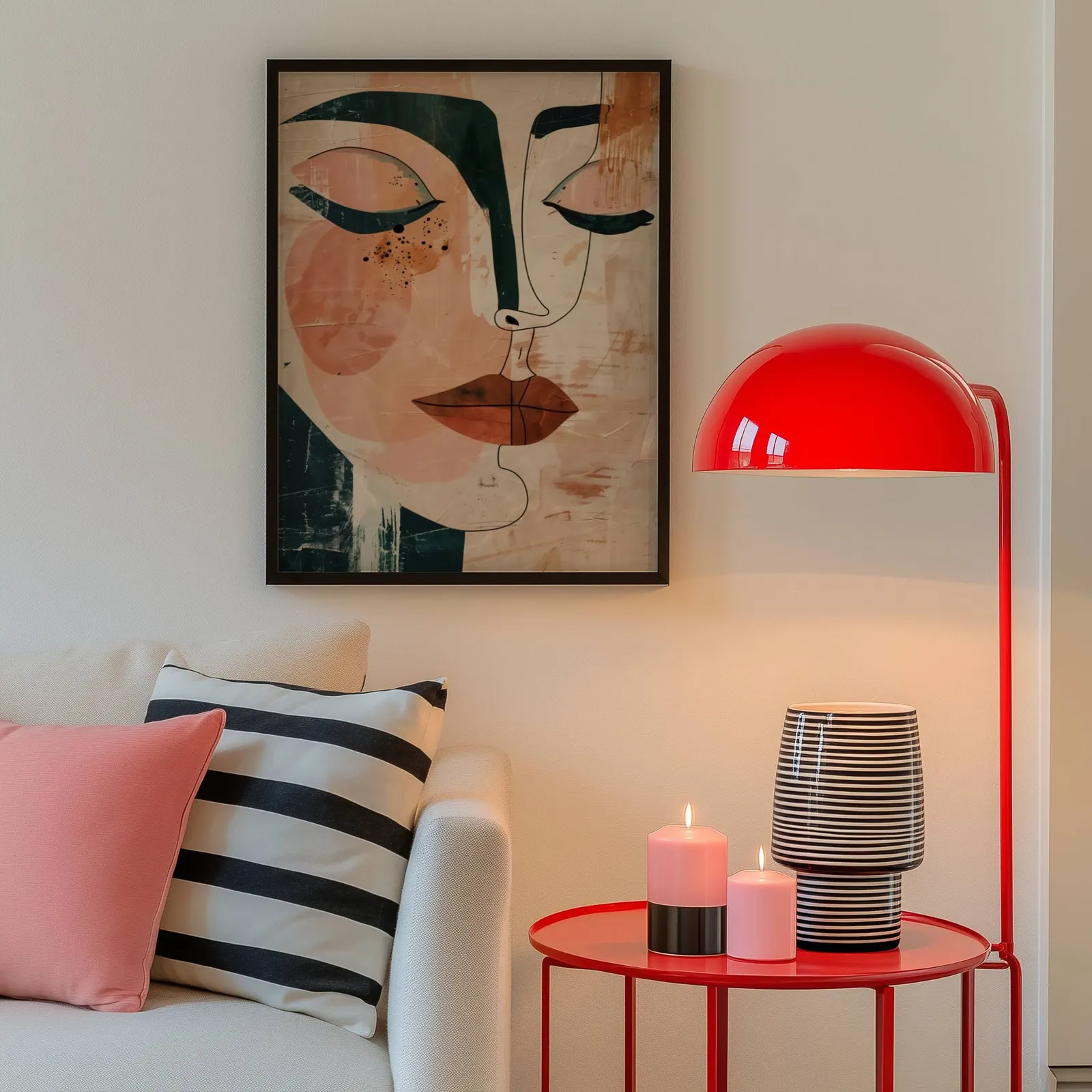 abstract face art print in terracotta and green, above a cream sofa beside a glossy red dome lamp