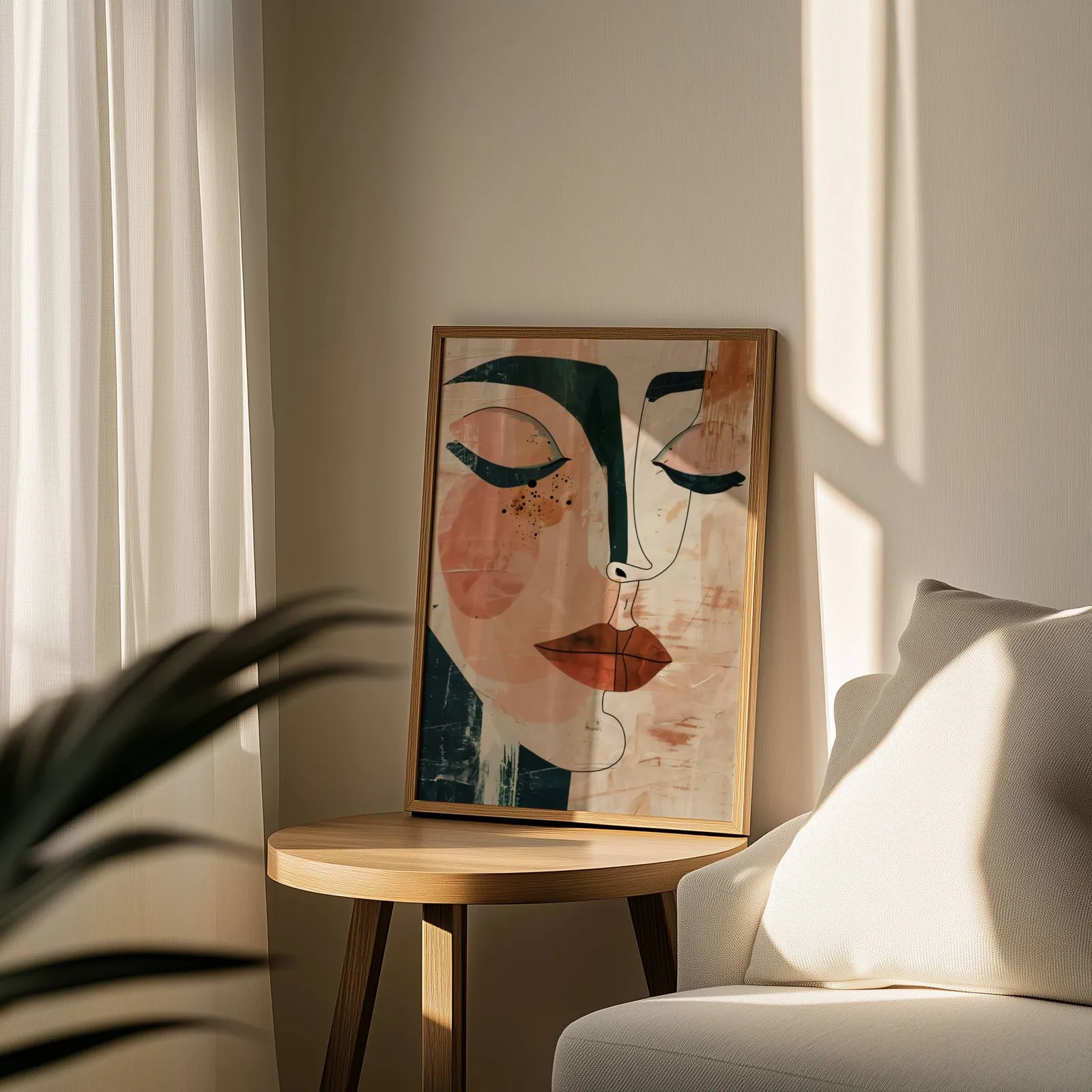 abstract face art print in terracotta and green, leaning on a round wooden side table by a sheer curtain