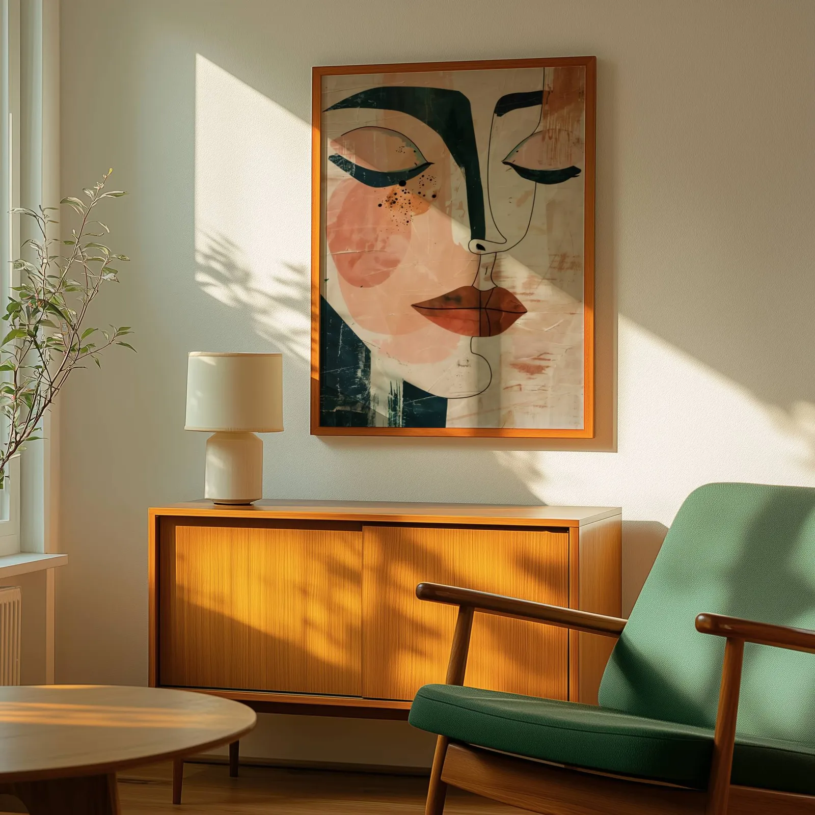 abstract face art print in terracotta and green, above a wooden sideboard with a ceramic lamp and dappled sunlight