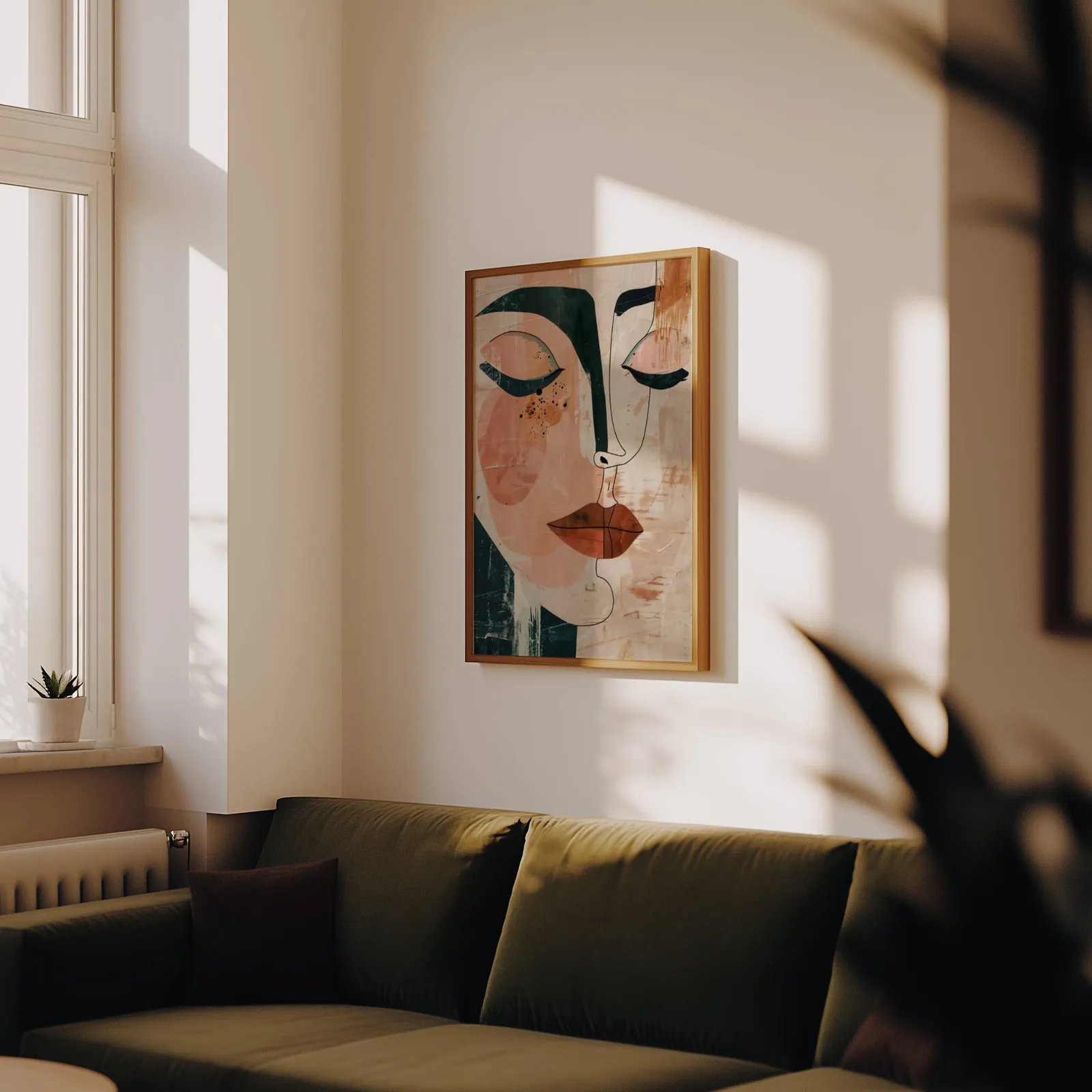 abstract face art print in terracotta and green, above an olive velvet sofa in raking afternoon light