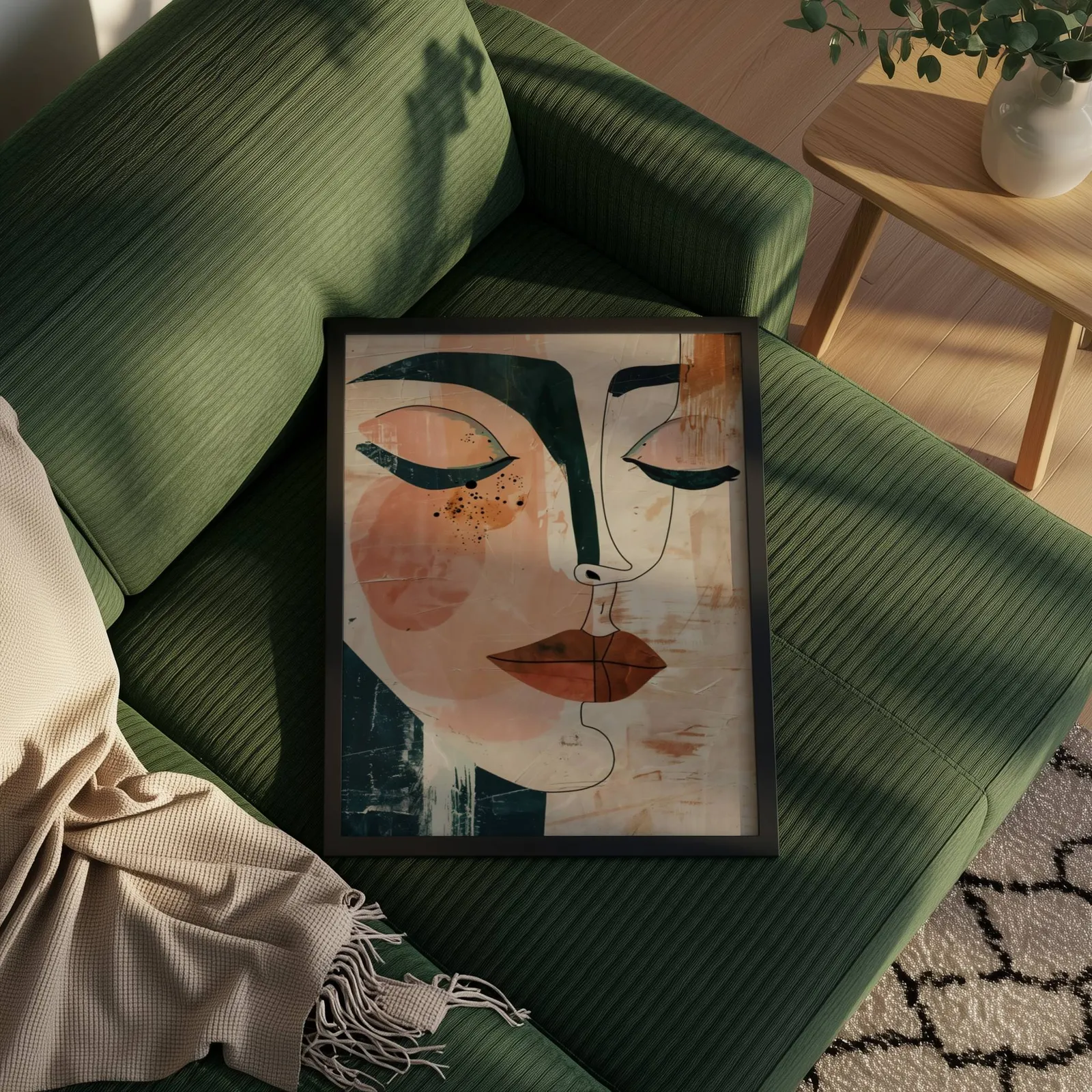 abstract face art print in terracotta and green, propped on a ribbed olive-green sofa beside a fringed throw
