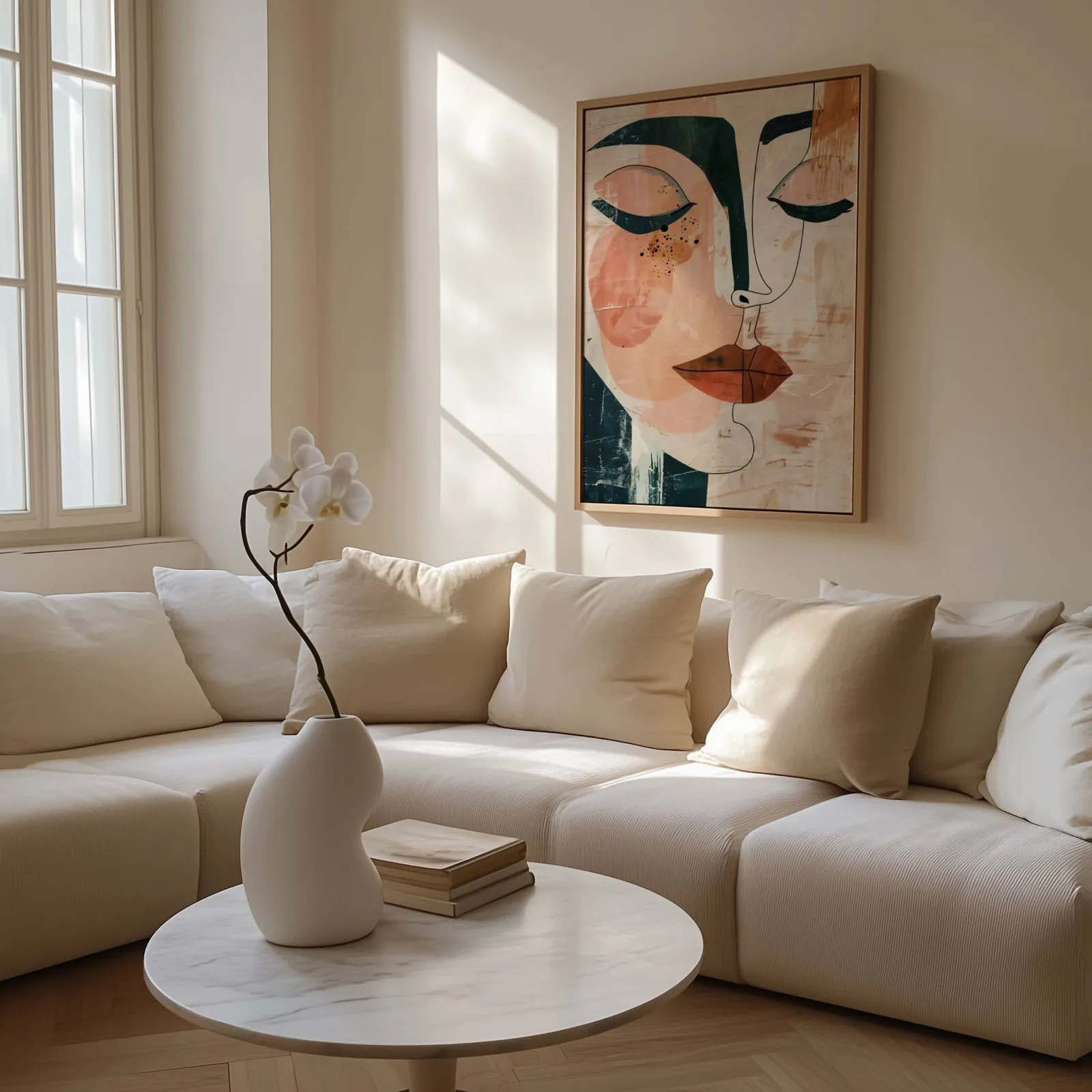 abstract face art print in terracotta and green, above a cream sectional beside a tall sunlit window