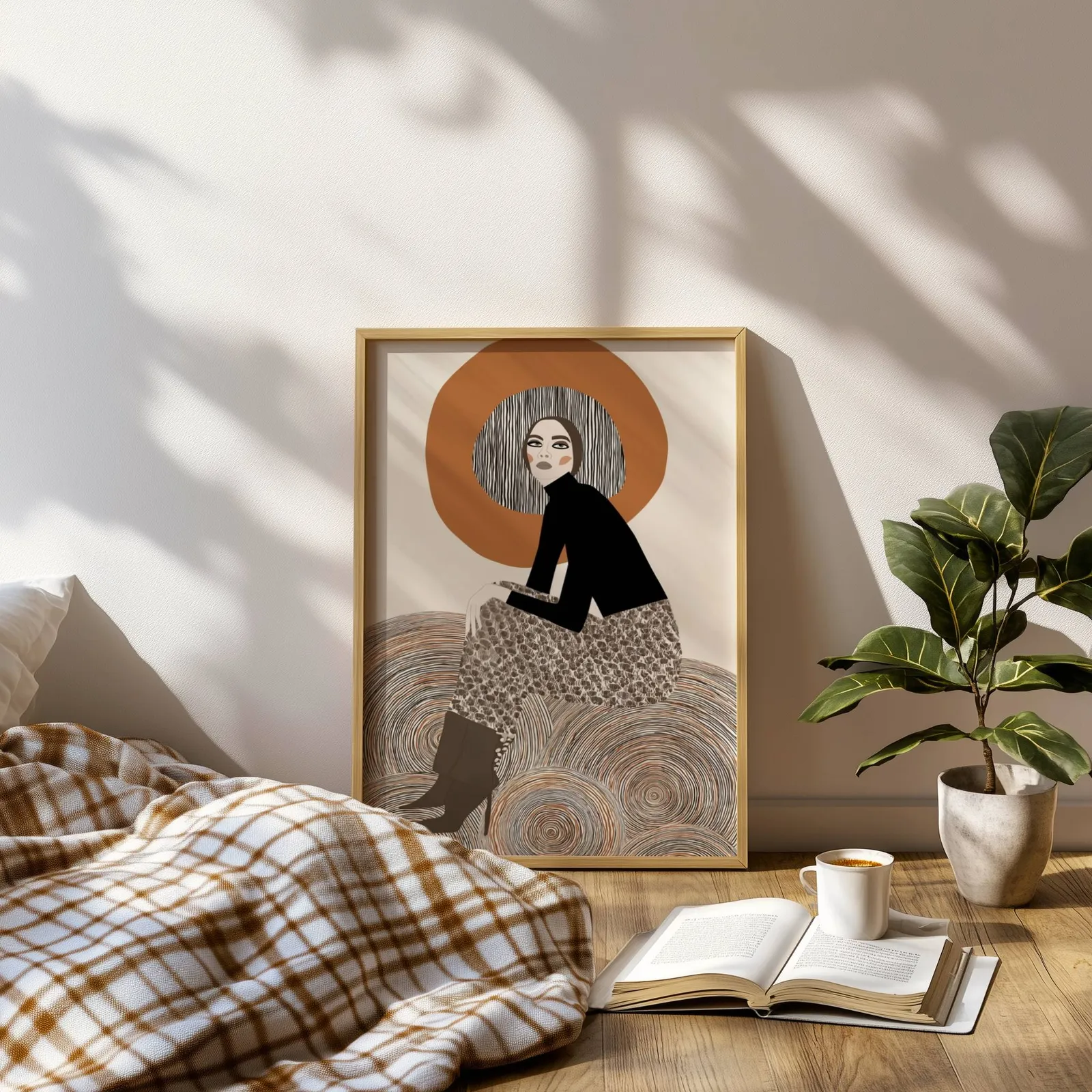 terracotta abstract woman wall art, leaning on a sunlit floor beside a plaid blanket and open book