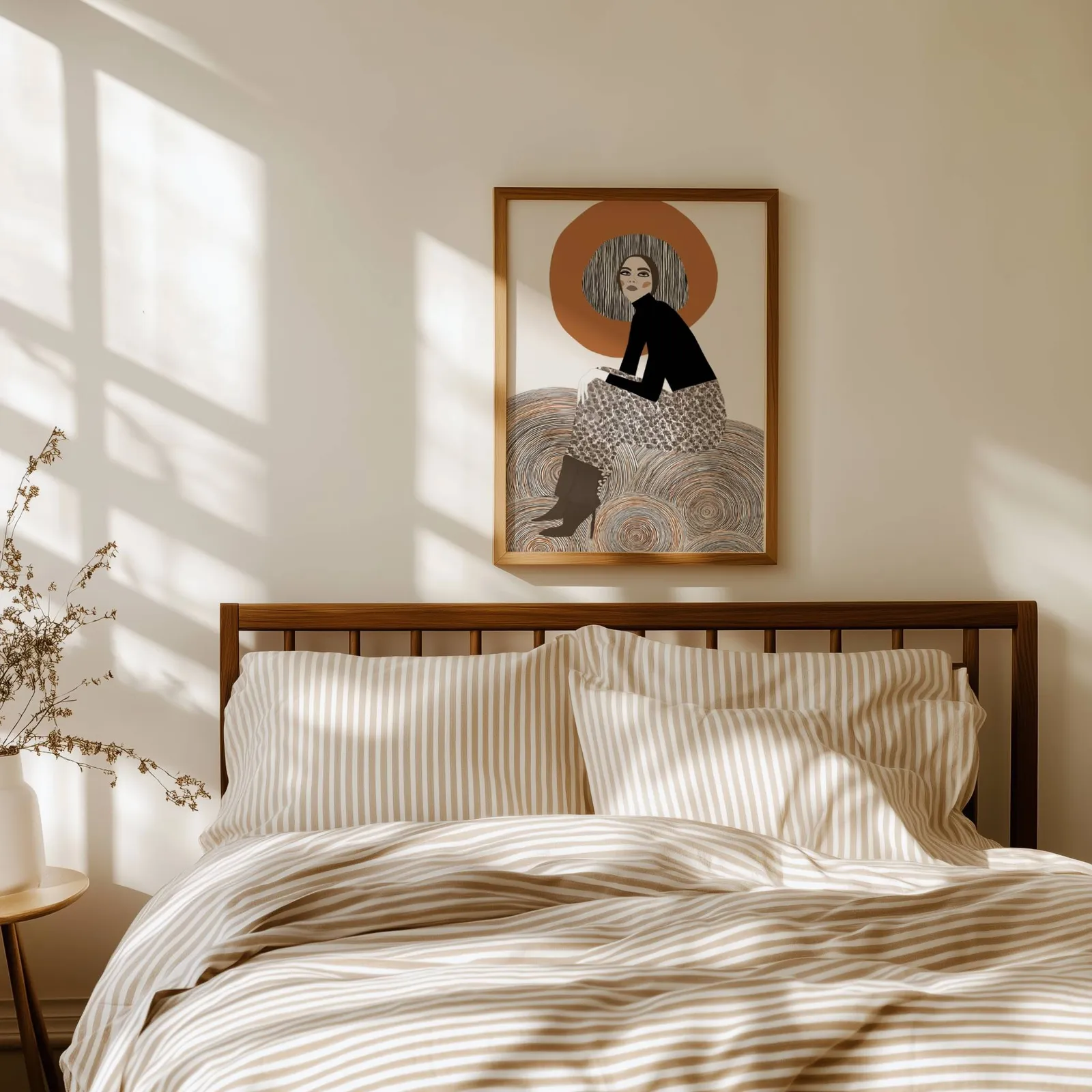 terracotta abstract woman wall art, above a spindle headboard with striped linen bedding