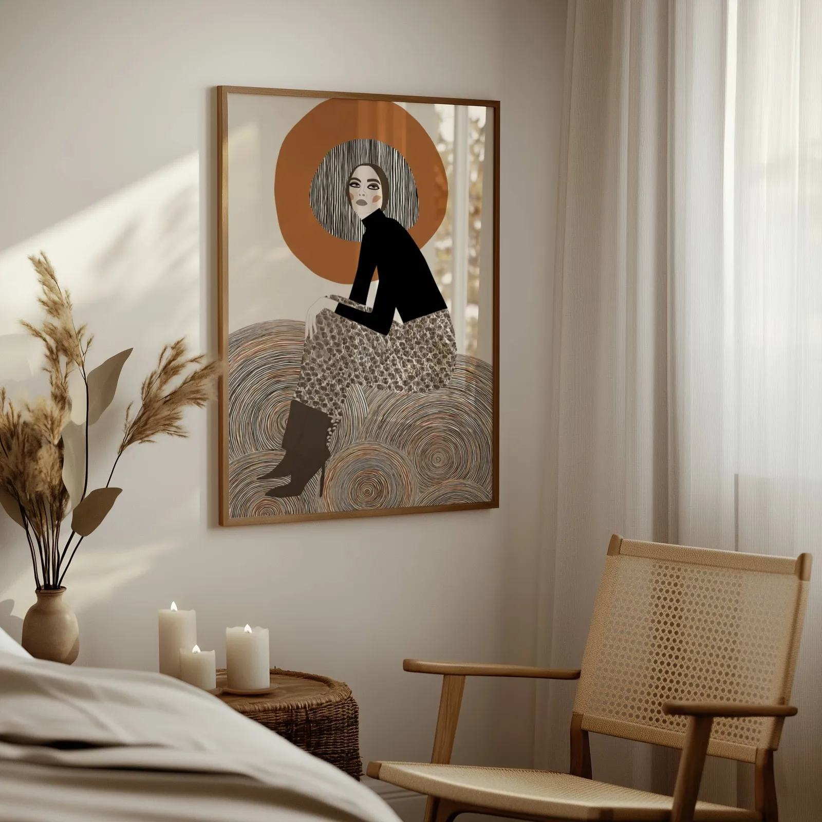 terracotta abstract woman wall art, above a woven side table with lit candles and pampas grass
