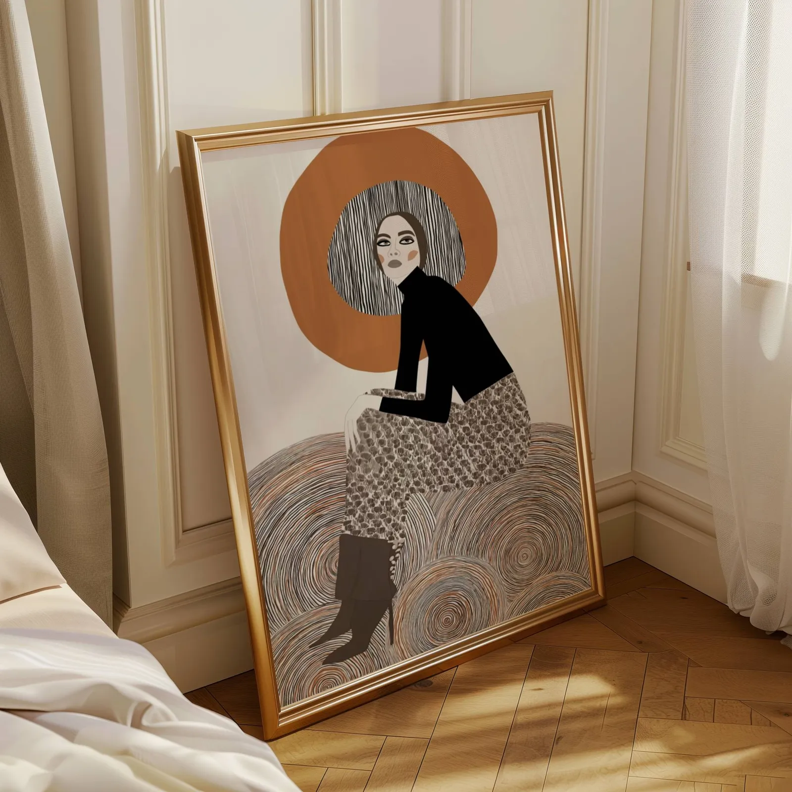 terracotta abstract woman wall art, leaning in a sunlit corner beside sheer curtains and herringbone floor