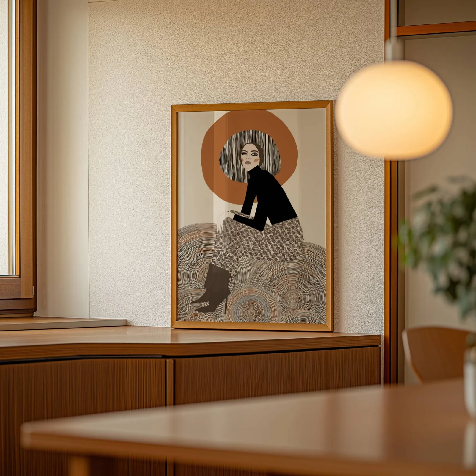 terracotta abstract woman wall art, leaning on a wooden sideboard beside a glowing globe pendant