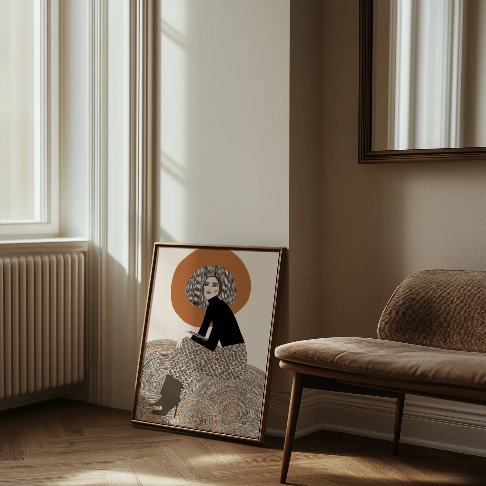 terracotta abstract woman wall art, leaning against the wall beside a sunlit radiator and herringbone floor