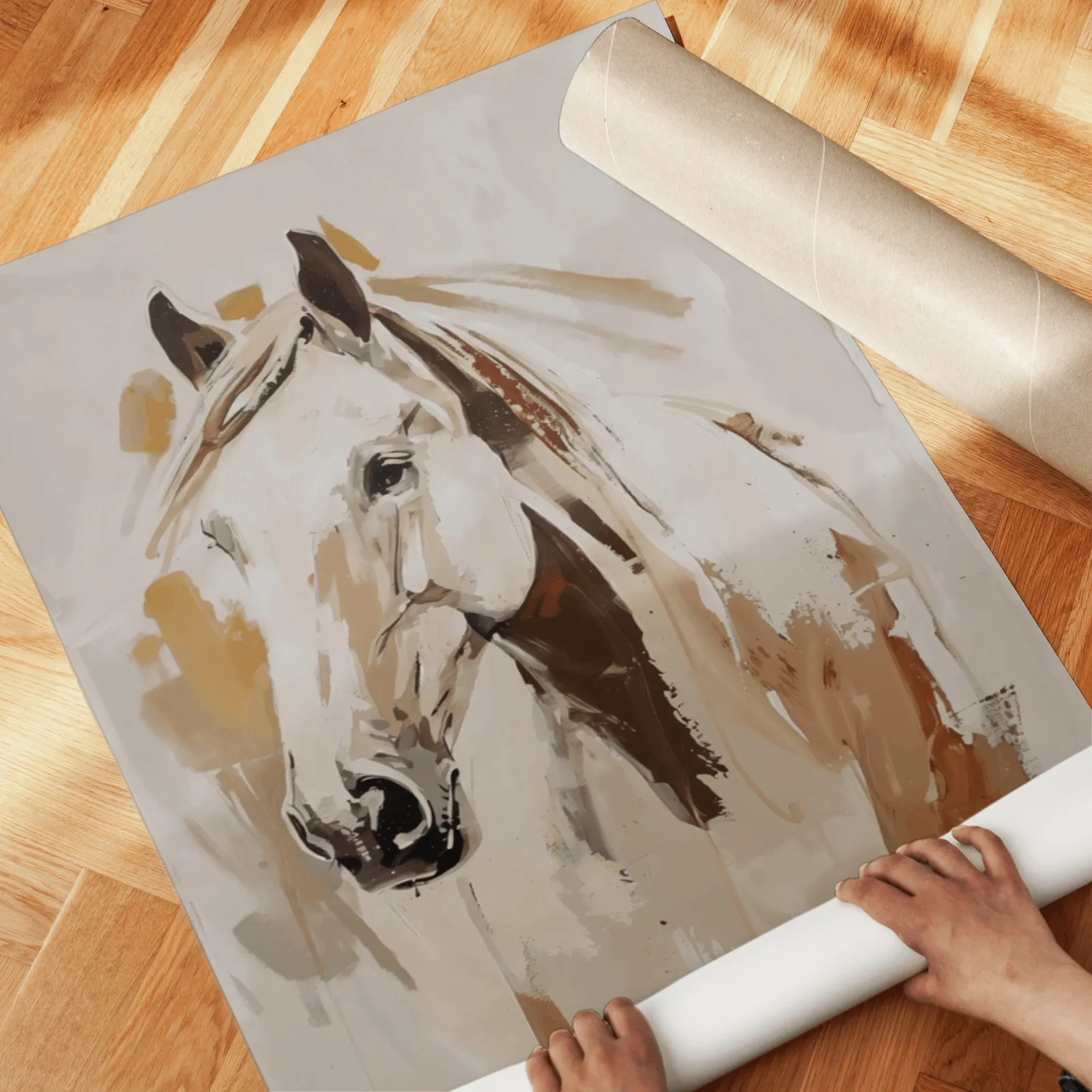 cowgirl and horse western wall art set of 2, unrolled across a herringbone parquet floor by hand