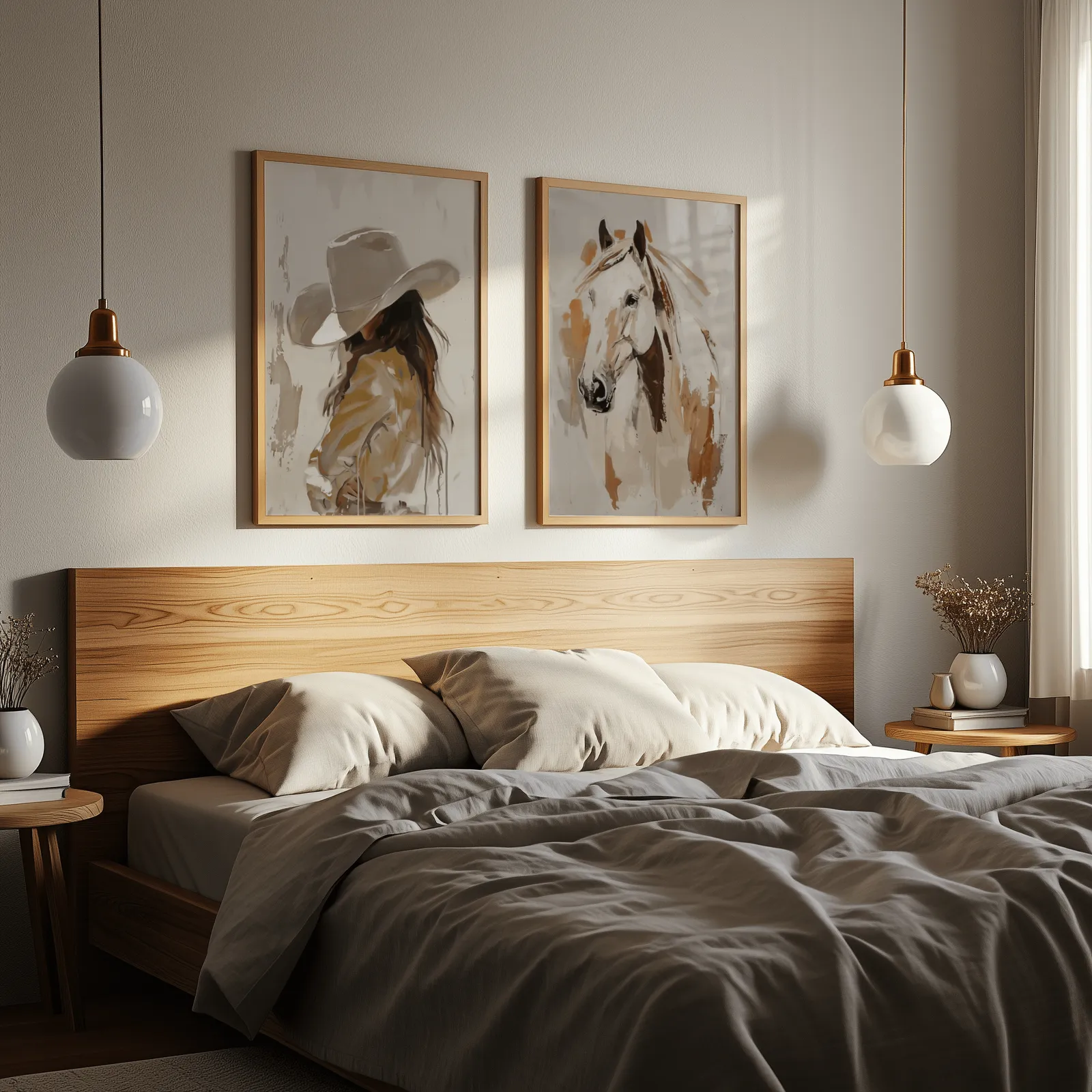 cowgirl and horse western wall art set of 2, above a wooden headboard flanked by globe pendant lights