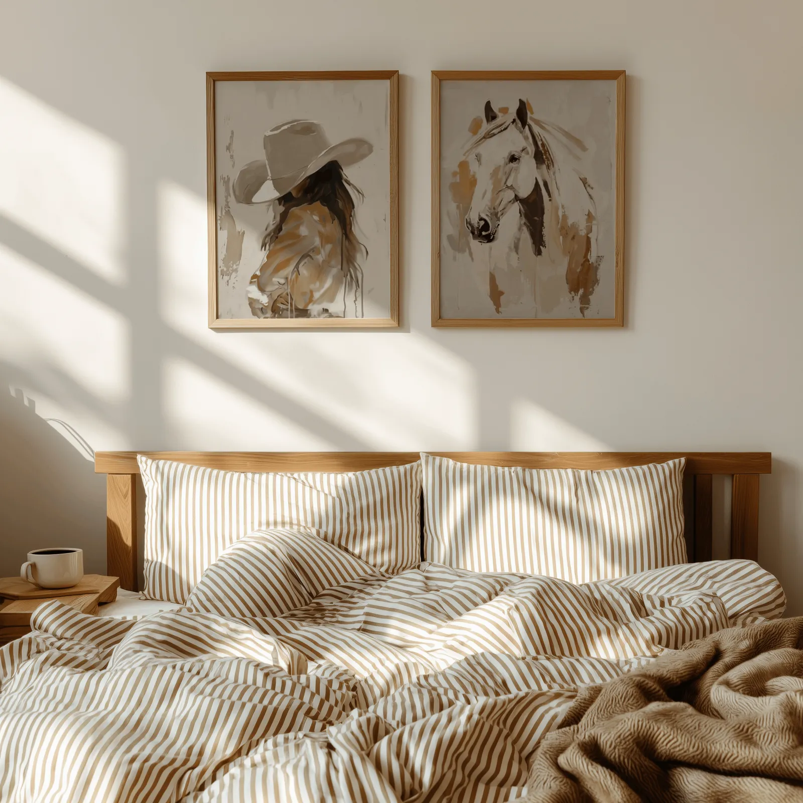 cowgirl and horse western wall art set of 2, above a wooden headboard with striped bedding and raking sunlight