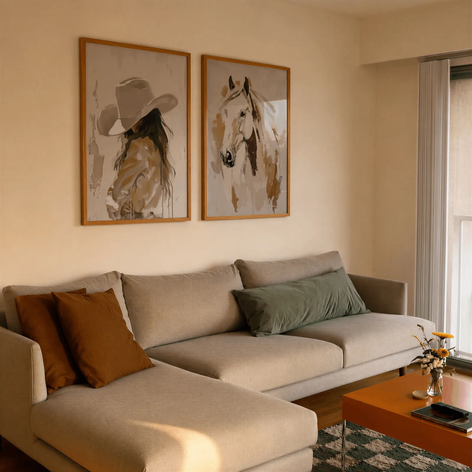 cowgirl and horse western wall art set of 2, side by side above a beige sectional sofa