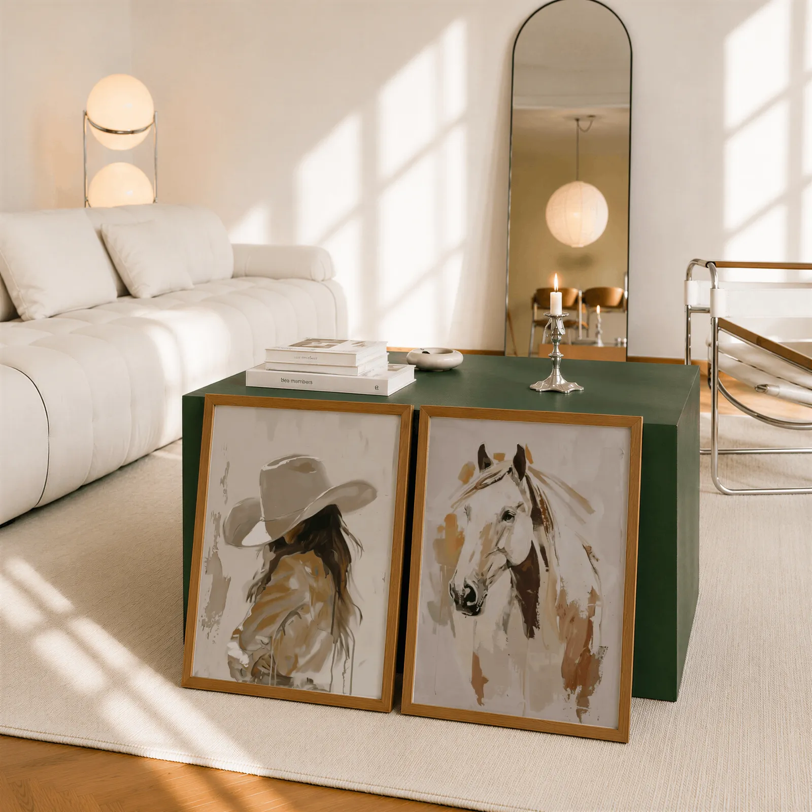 cowgirl and horse western wall art set of 2, leaning against a dark green cube table beside an arched mirror