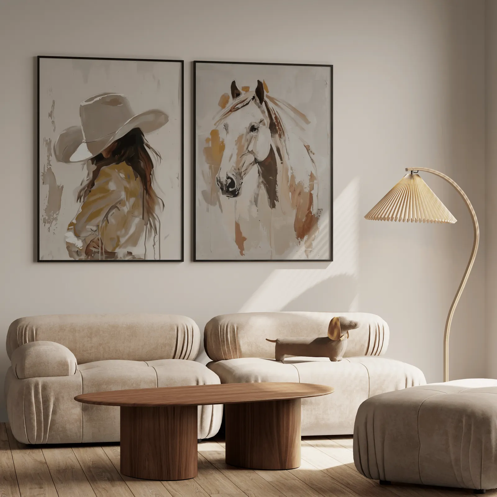 cowgirl and horse western wall art set of 2, above a plush beige sofa with a pleated lamp nearby