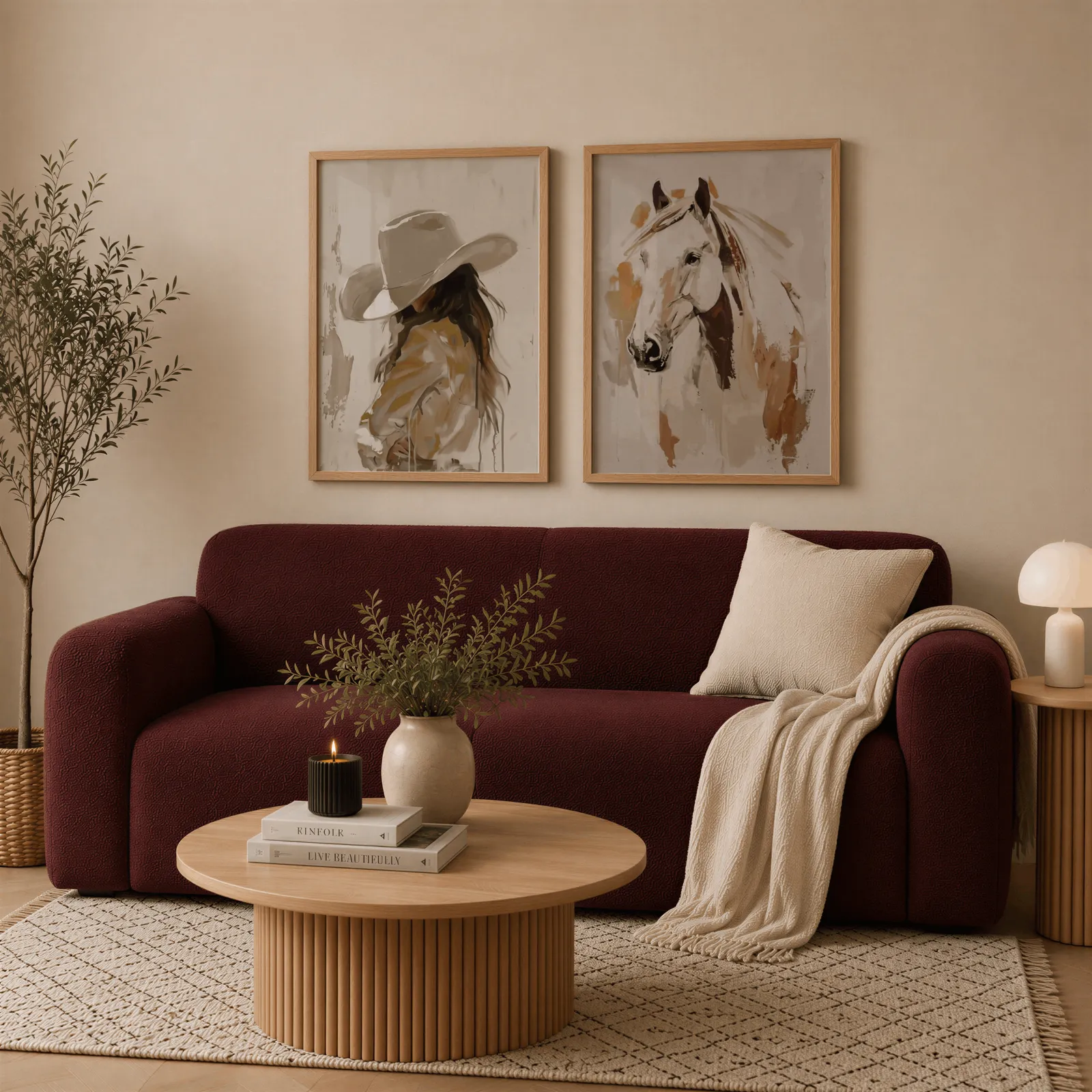 cowgirl and horse western wall art set of 2, above a deep burgundy boucle sofa with cream throw