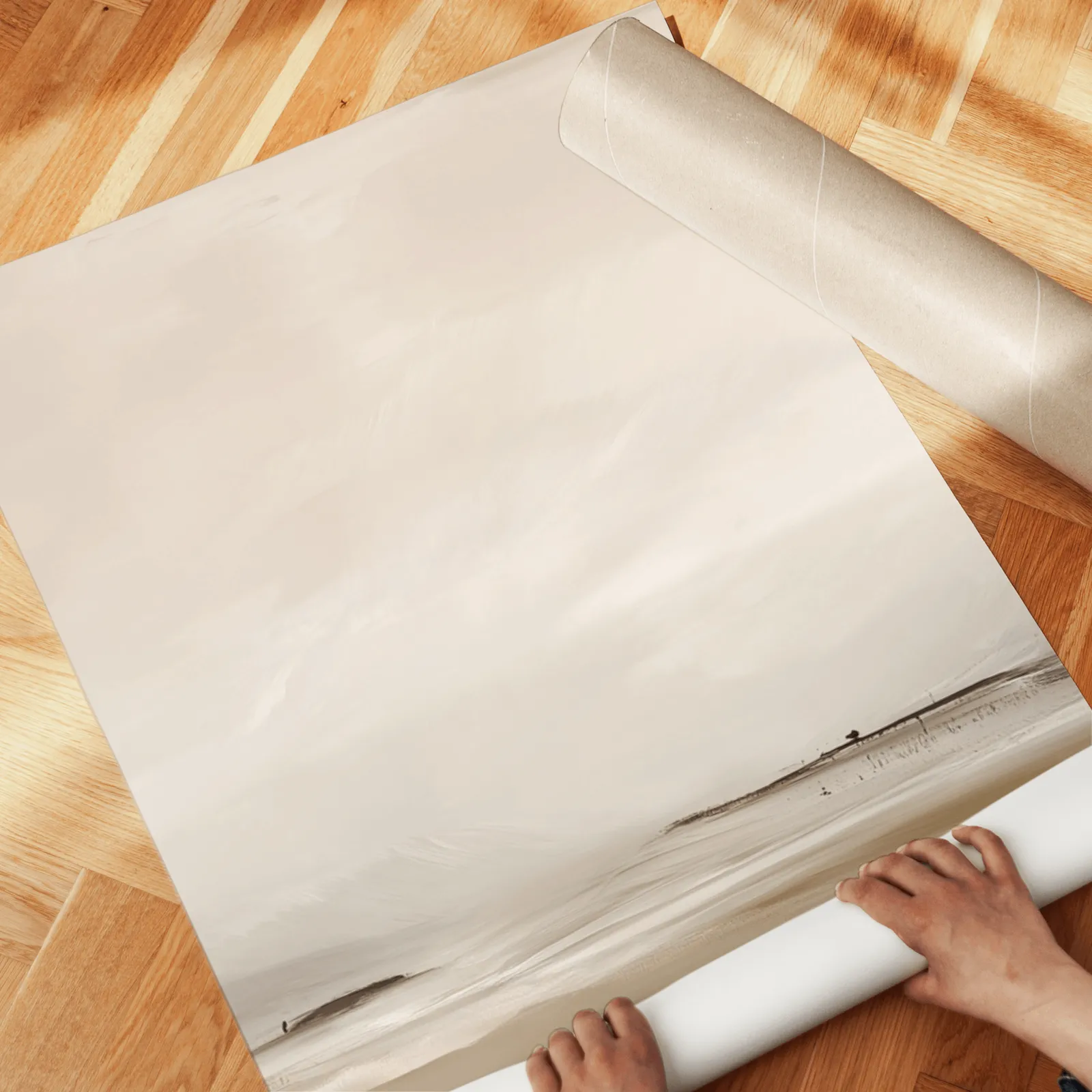 neutral coastal landscape triptych wall art, unrolled across a herringbone wood floor by hand