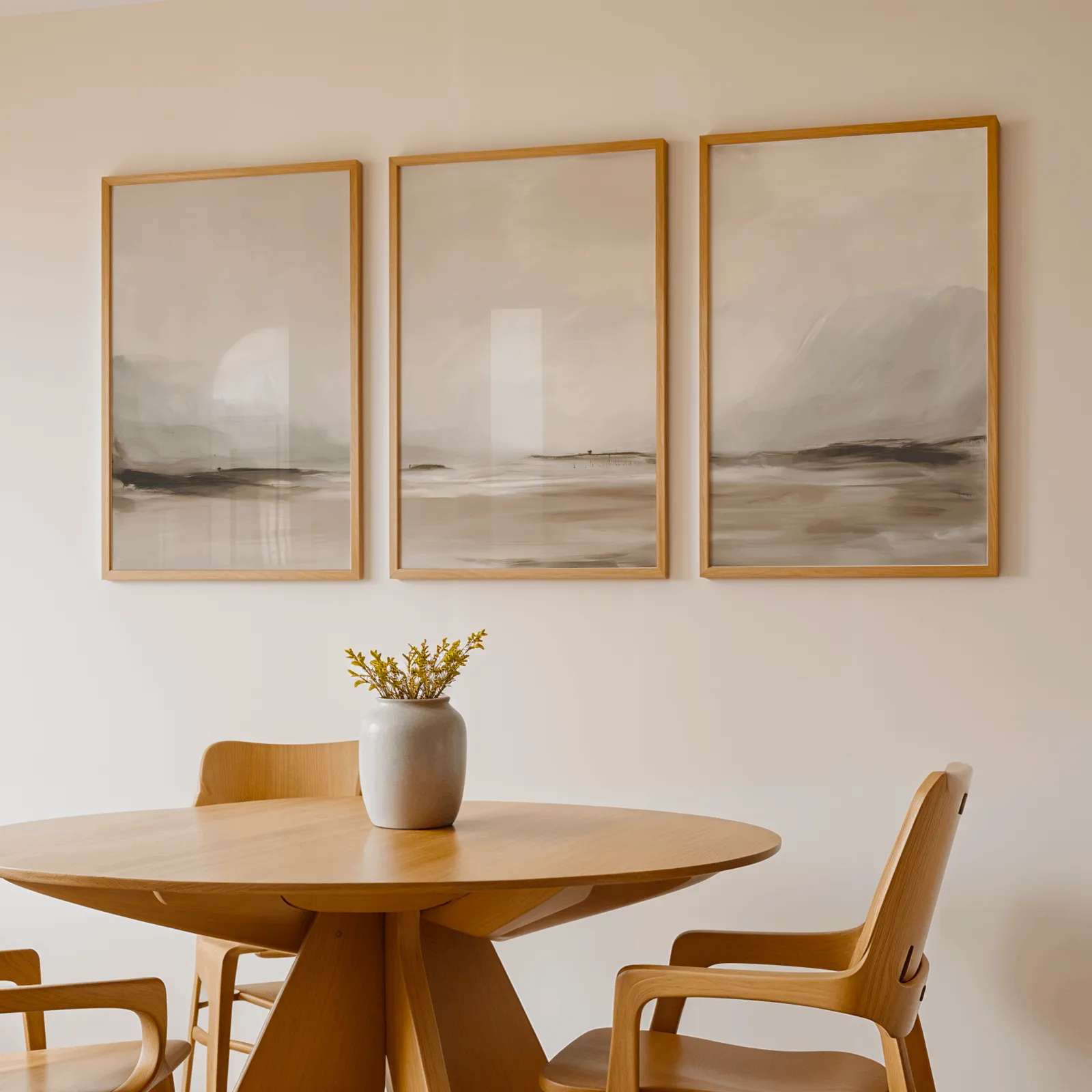 neutral coastal landscape triptych wall art, above a round wooden table with a stoneware vase