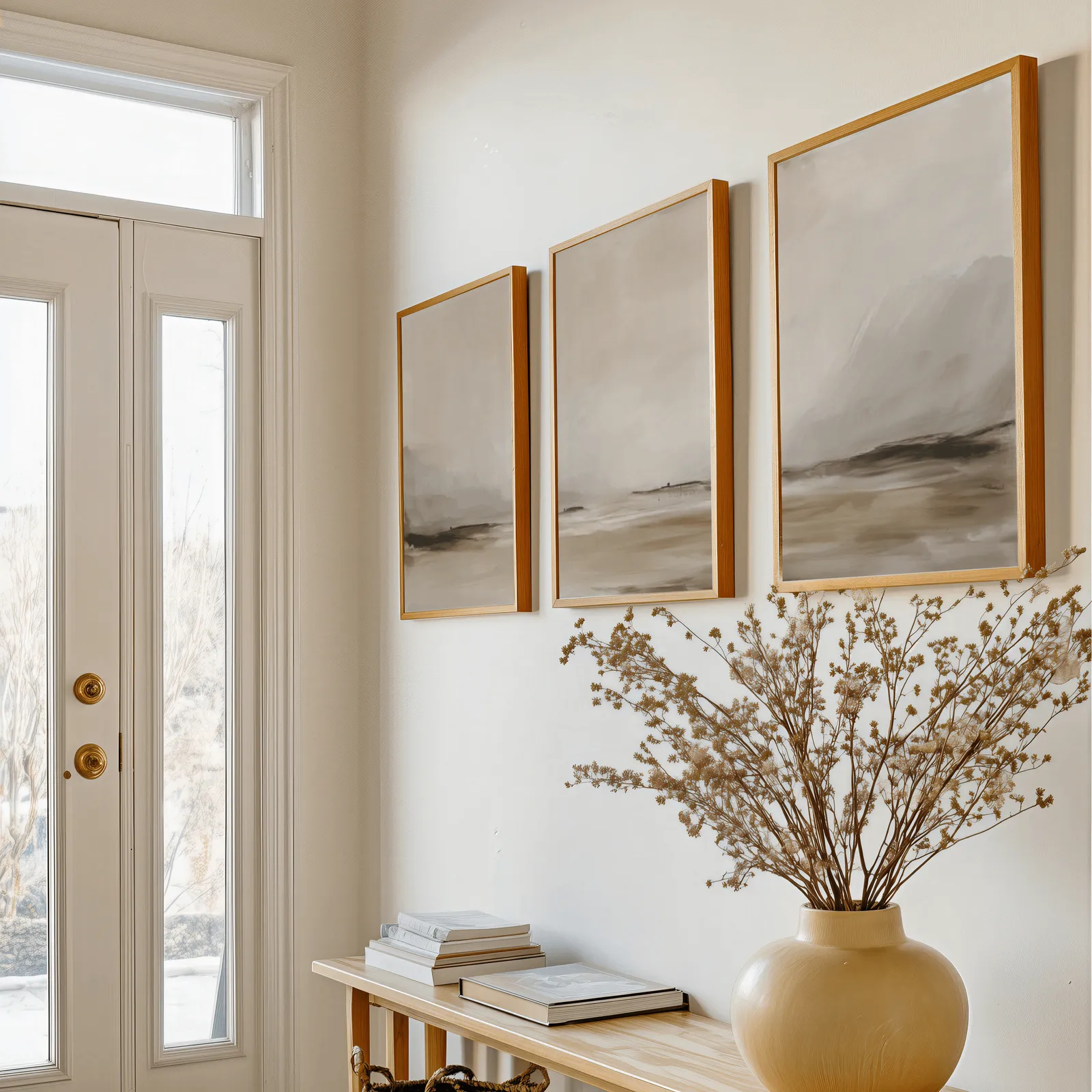 neutral coastal landscape triptych wall art, above a console table with a yellow vase of dried branches