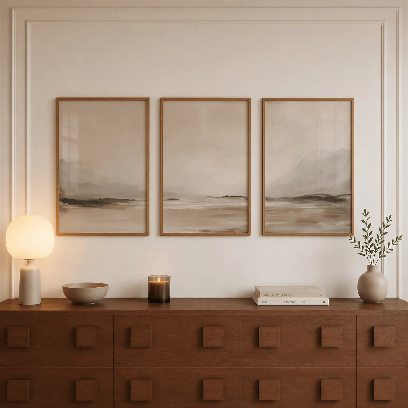 neutral coastal landscape triptych wall art, above a walnut sideboard with a lit candle and glowing lamp
