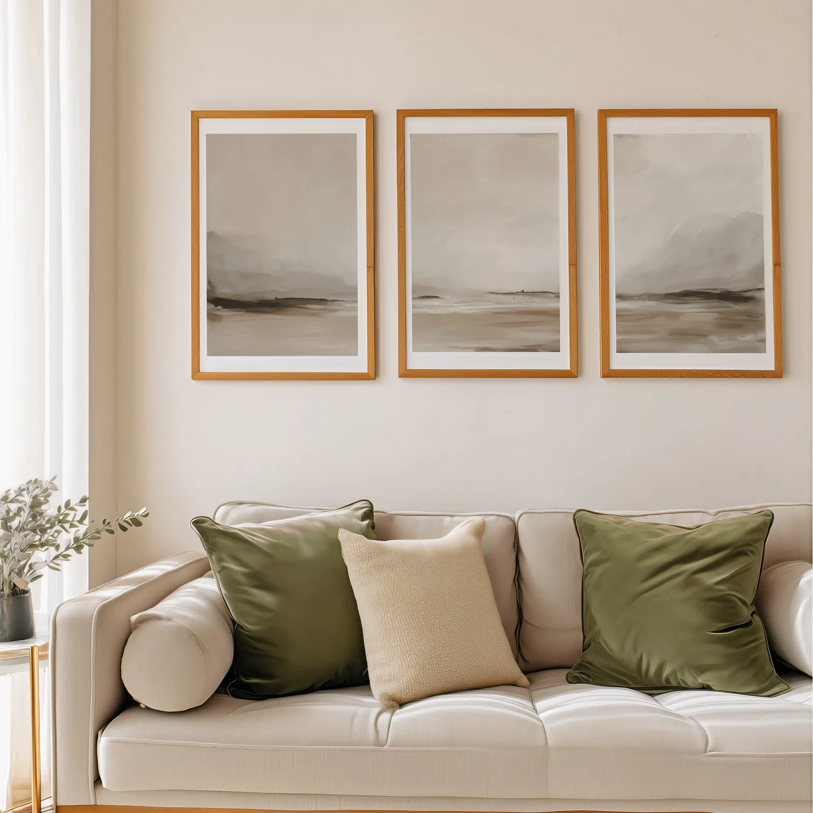 neutral coastal landscape triptych wall art, above a beige sofa piled with olive green cushions