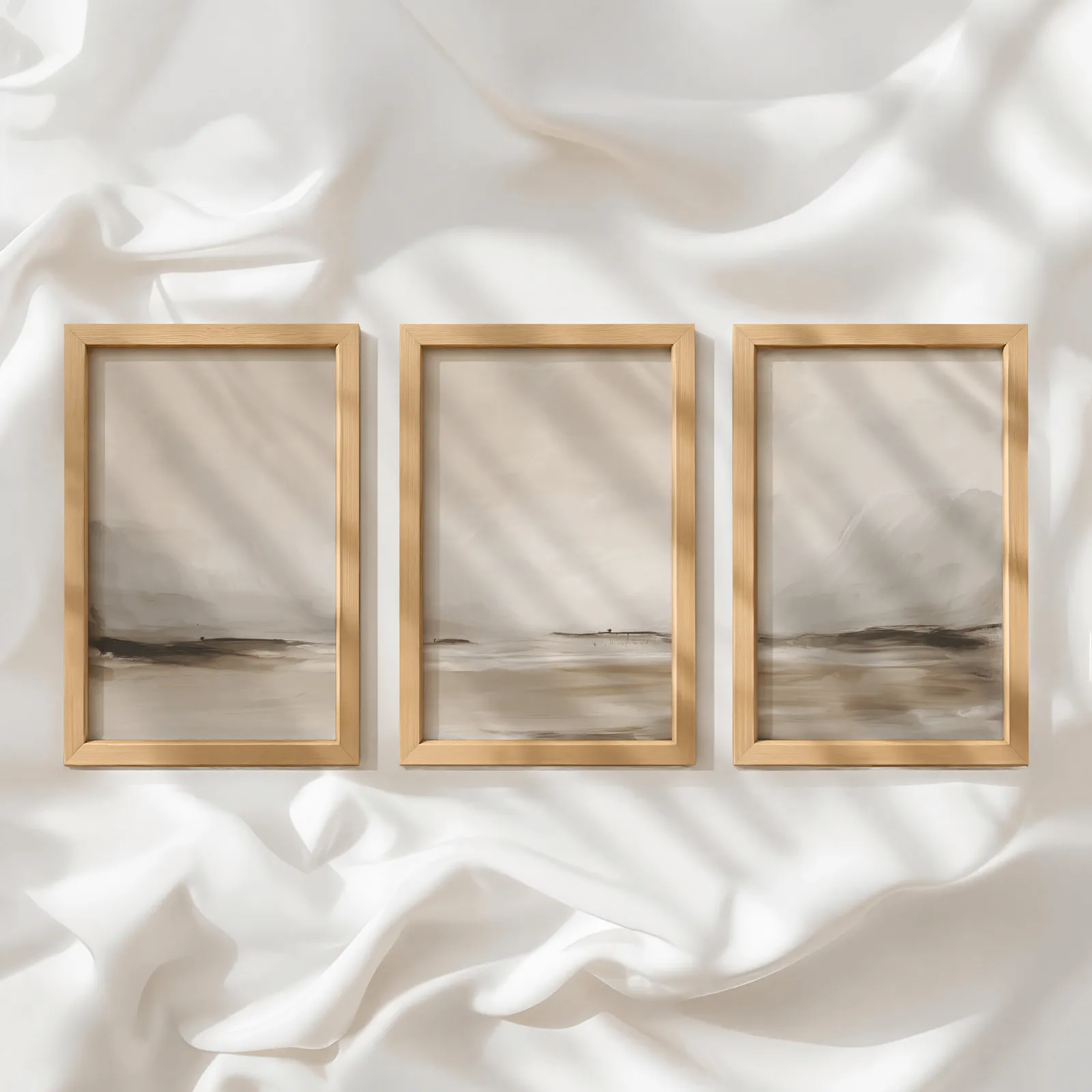 neutral coastal landscape triptych wall art, in a row atop rumpled white silky fabric