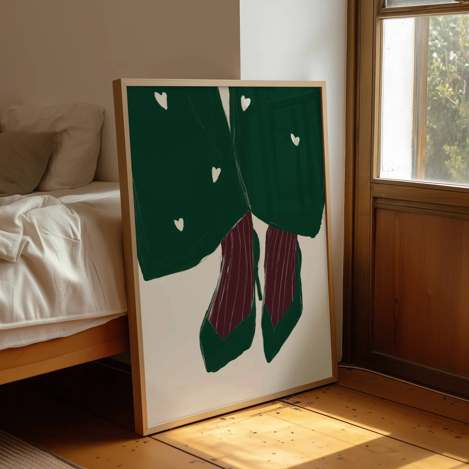 green heart pattern coat with burgundy heels wall art, leaning by a sunlit window beside an unmade bed