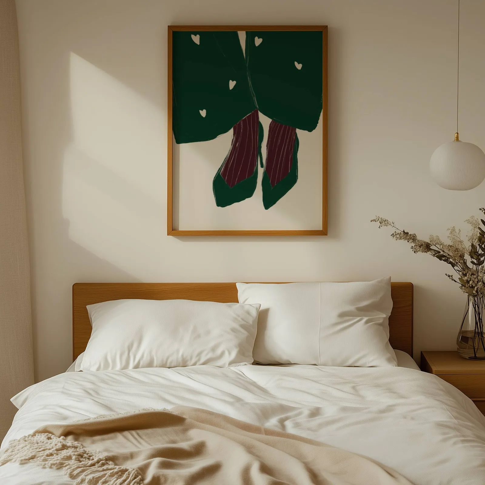 green heart pattern coat with burgundy heels wall art, above a wooden headboard with white linen pillows