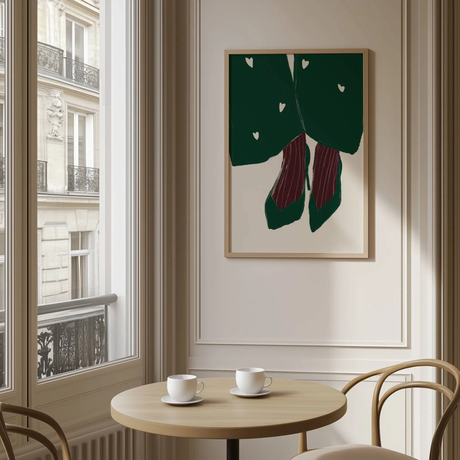 green heart pattern coat with burgundy heels wall art, above a round café table set with two coffee cups
