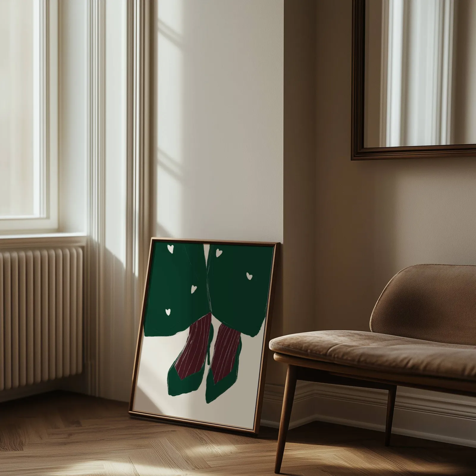 green heart pattern coat with burgundy heels wall art, leaning against the wall beside a sunlit radiator and herringbone floor