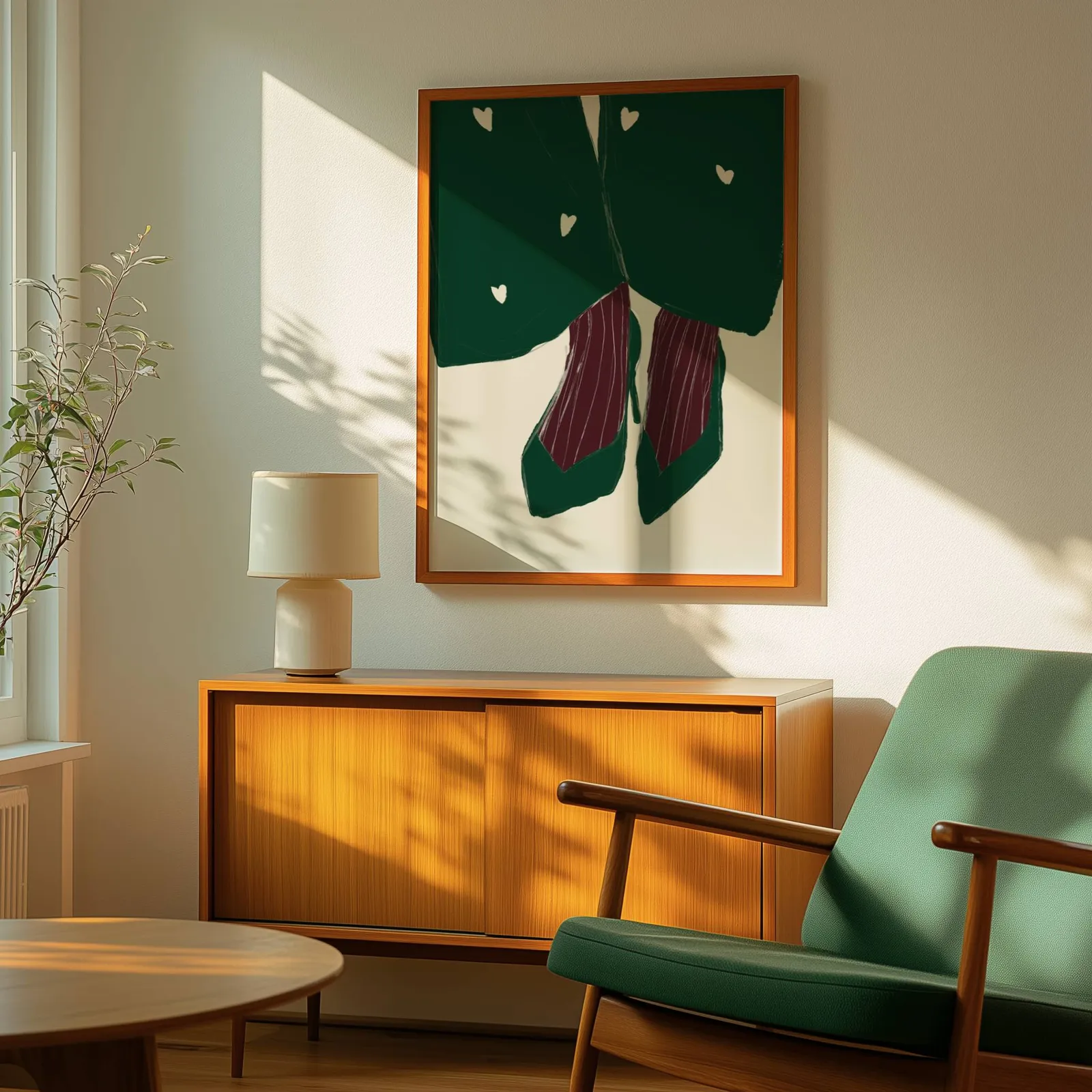 green heart pattern coat with burgundy heels wall art, above a wooden sideboard with a ceramic lamp and dappled sunlight