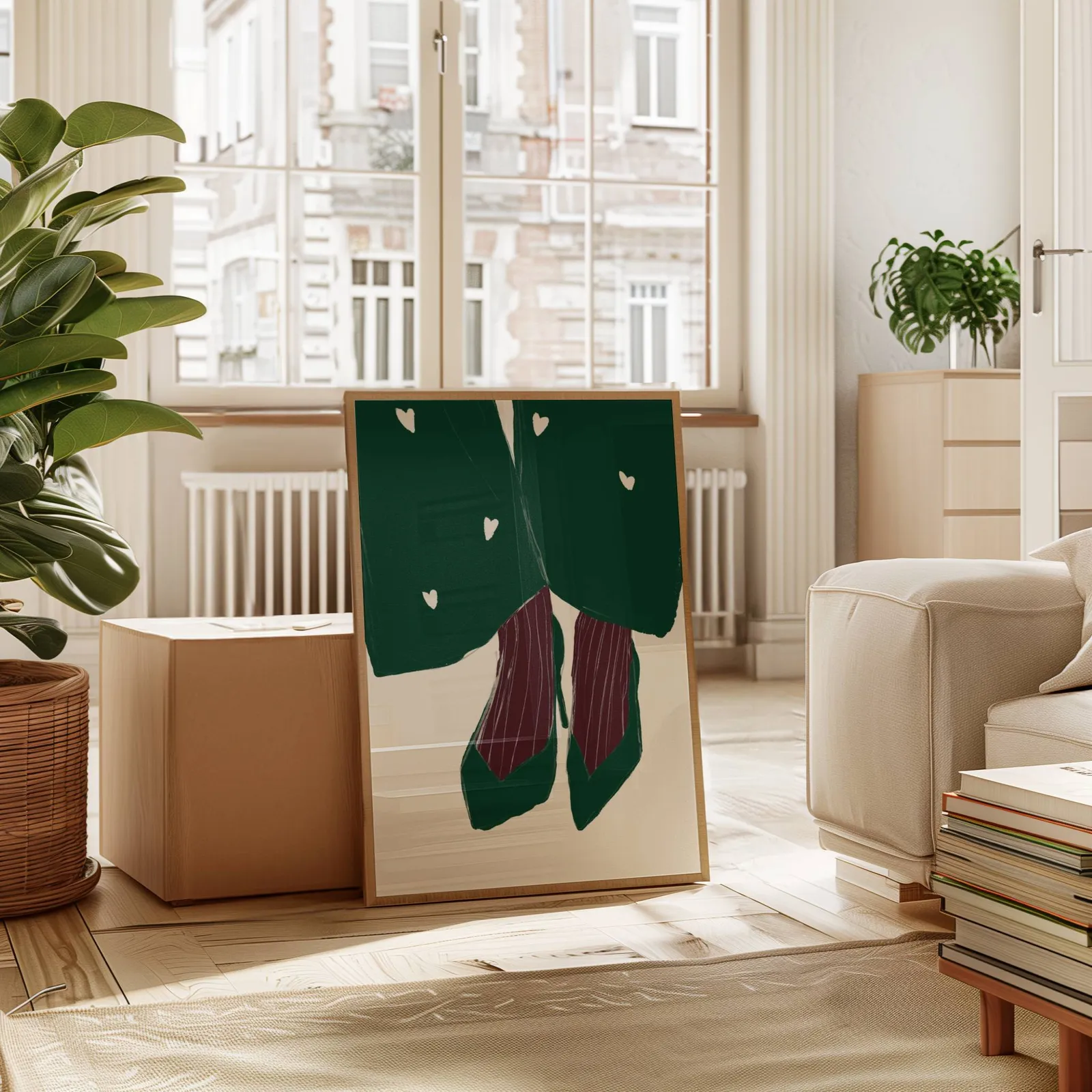 green heart pattern coat with burgundy heels wall art, leaning against a cardboard box near a tall window radiator
