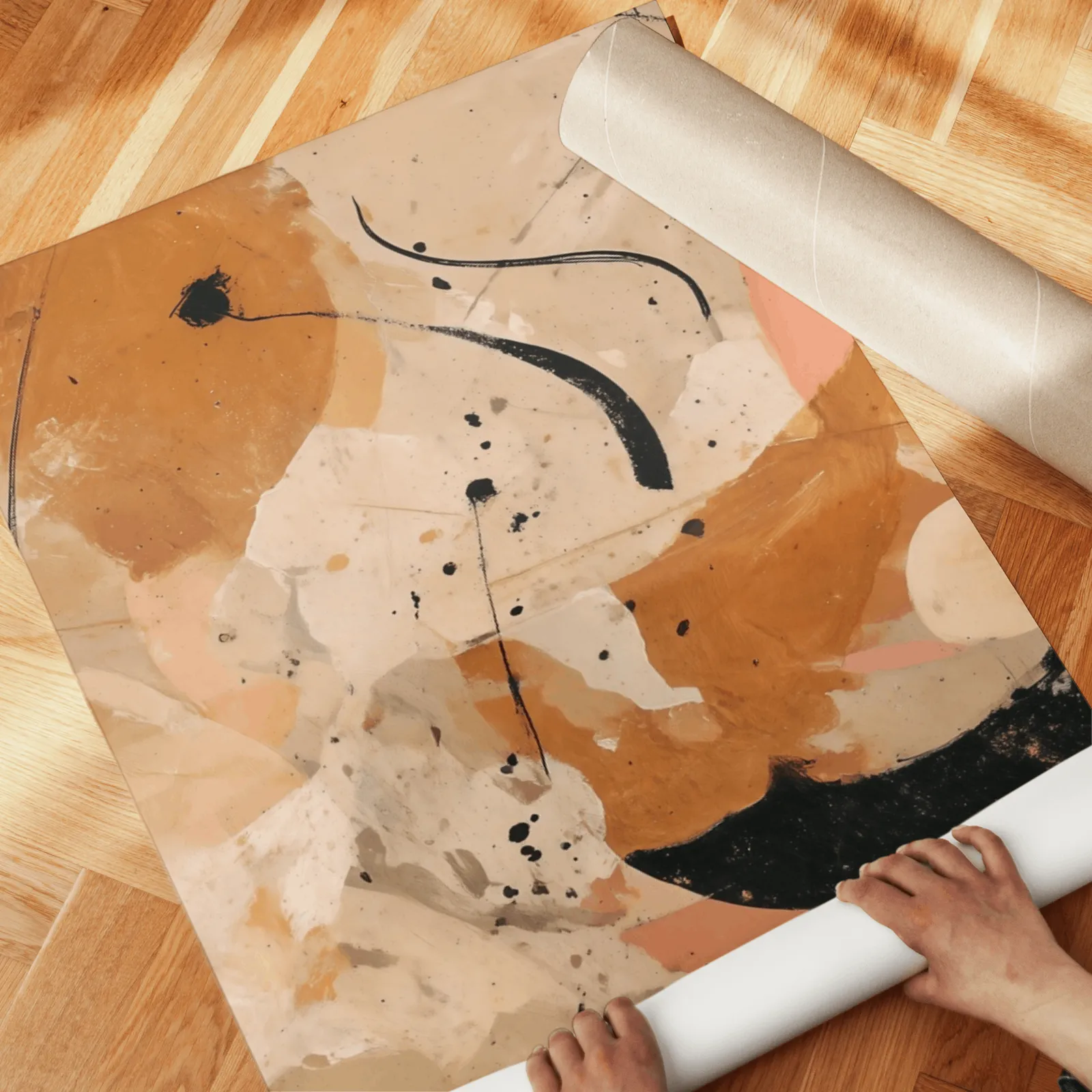terracotta black abstract three piece wall art, unrolled across a herringbone wood floor by hand