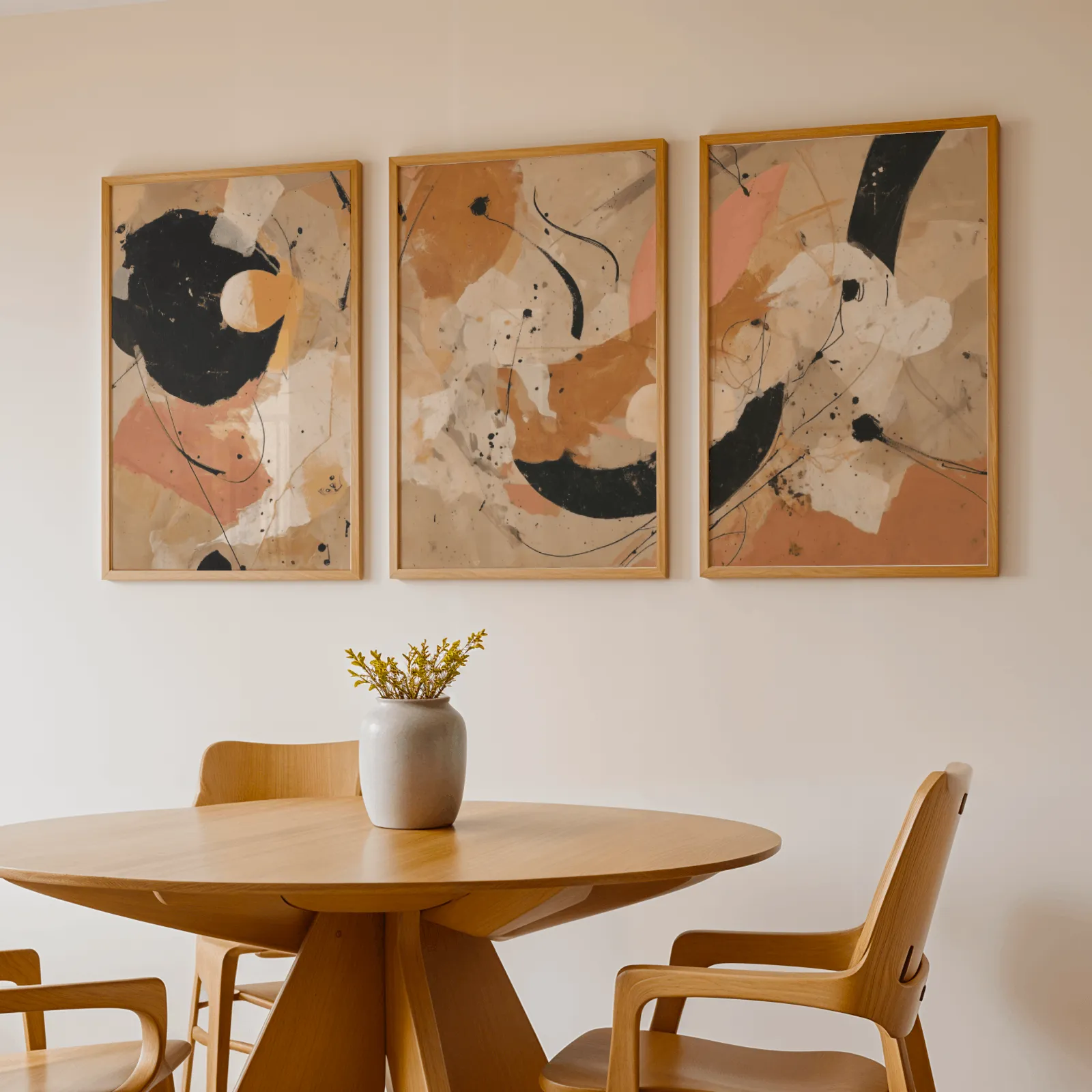 terracotta black abstract three piece wall art, above a round wooden table with a stoneware vase