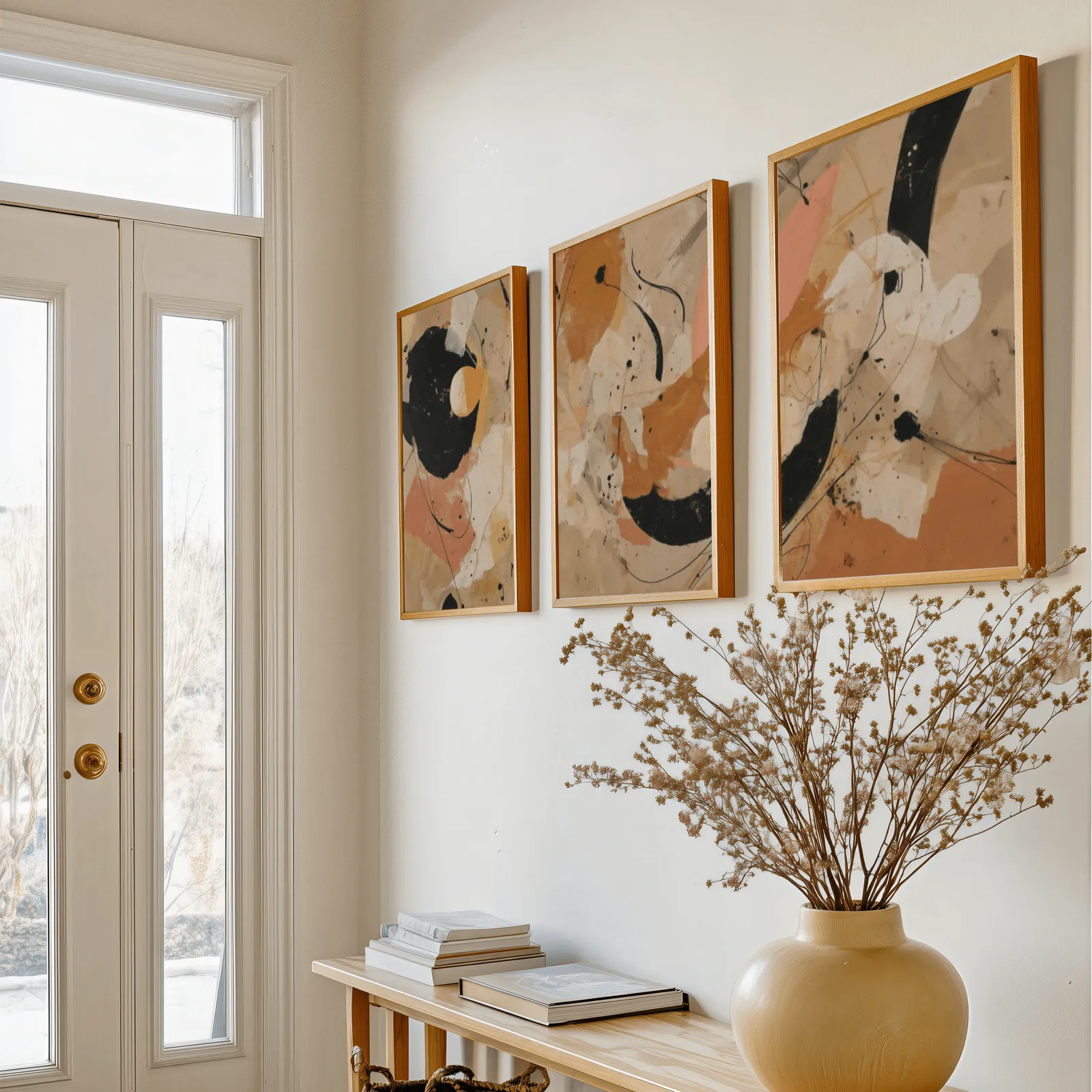 terracotta black abstract three piece wall art, above a console table with a yellow vase of dried branches