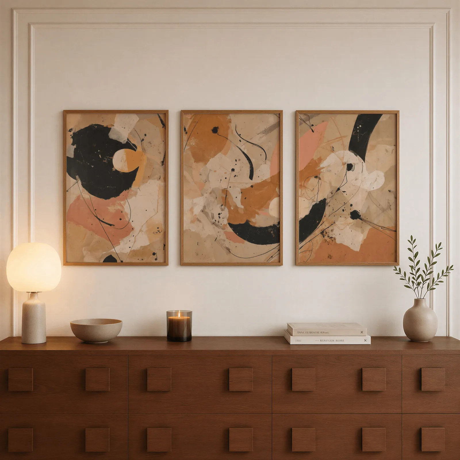 terracotta black abstract three piece wall art, above a walnut sideboard with a lit candle and glowing lamp