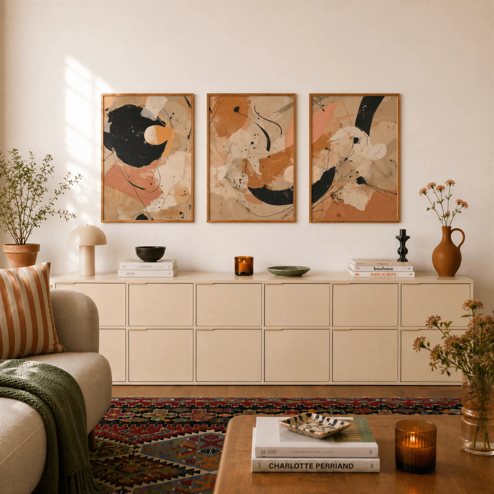 terracotta black abstract three piece wall art, above a long cream sideboard topped with books and a terracotta jug