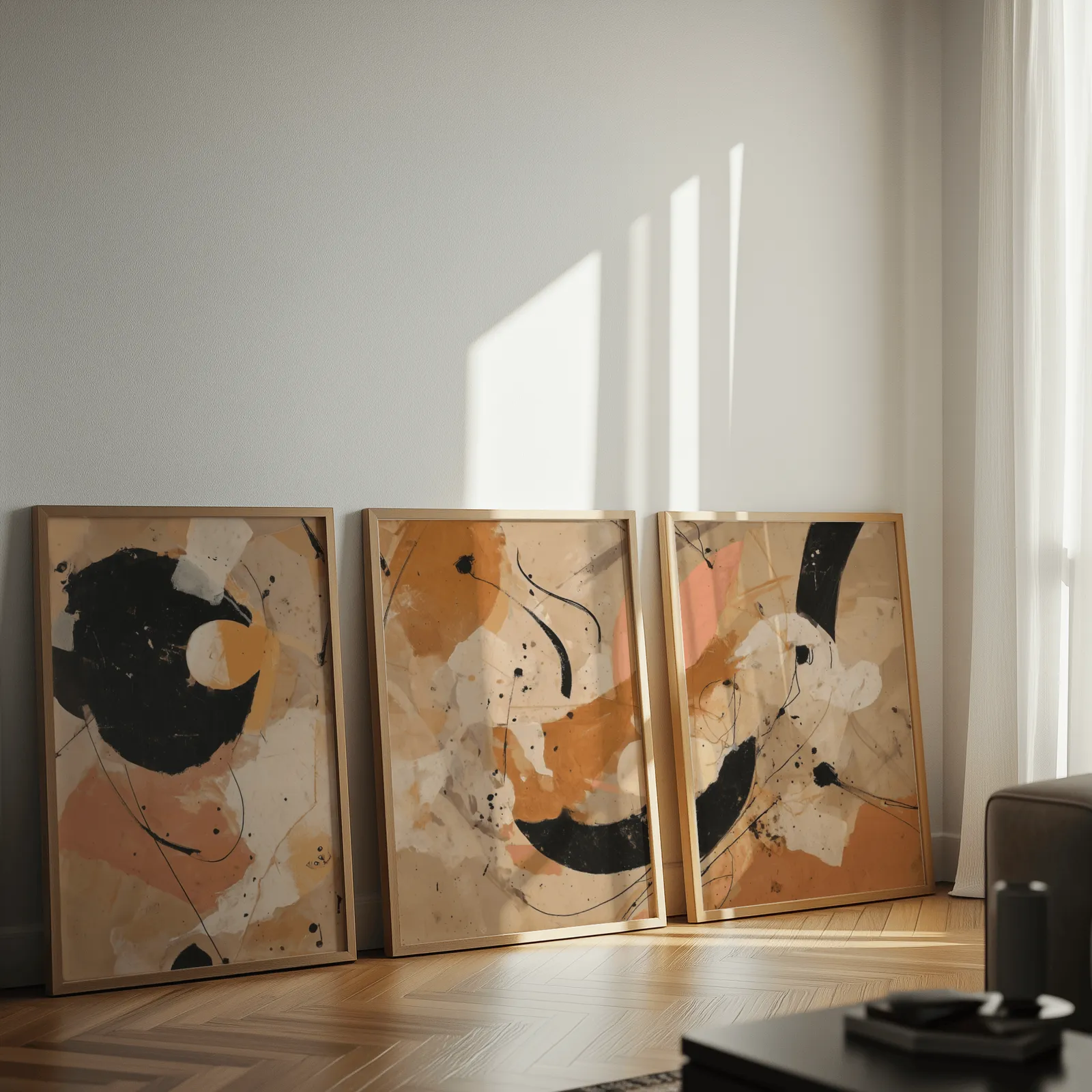terracotta black abstract three piece wall art, leaning against a sunlit wall on herringbone flooring