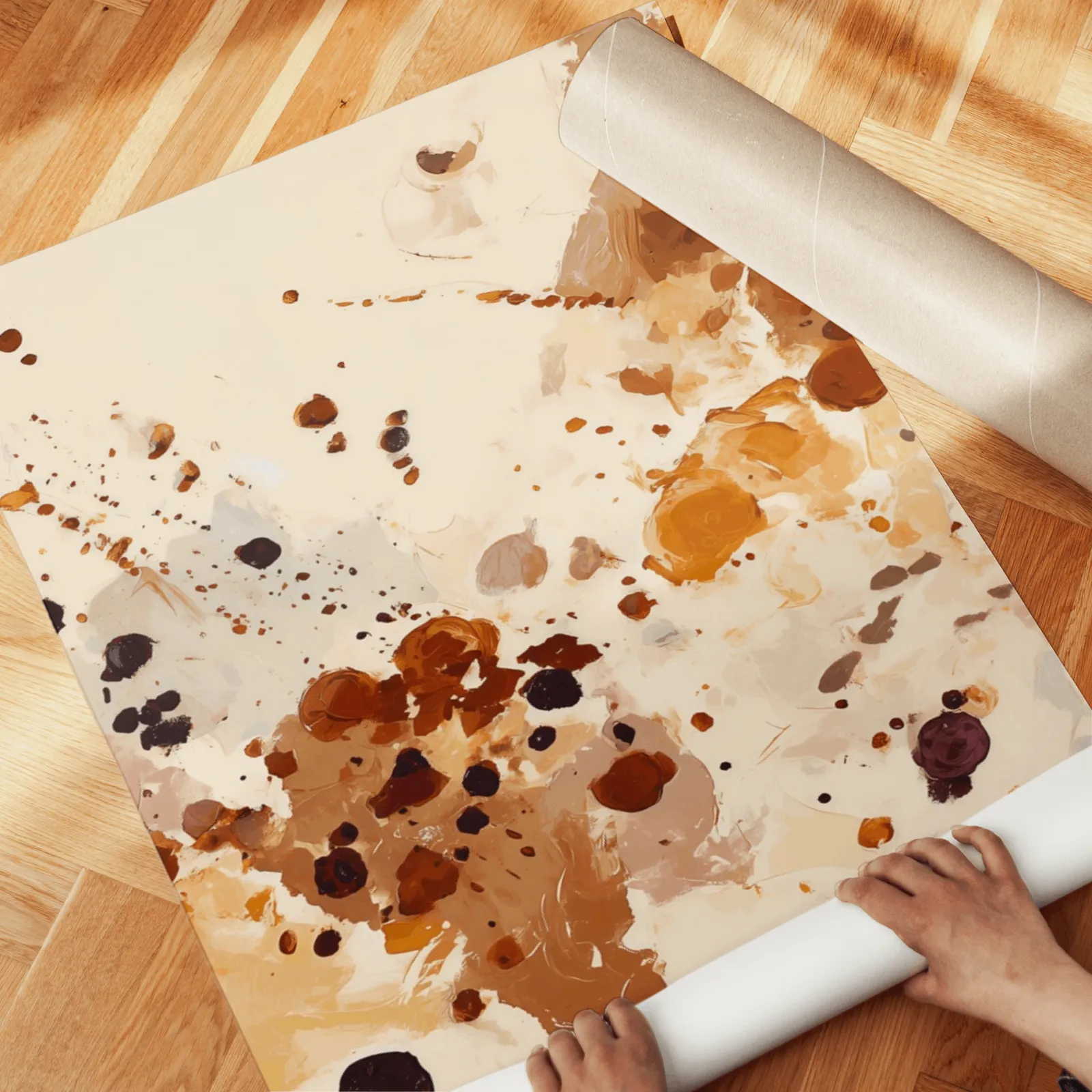 burgundy and brown abstract splatter wall art set of 3, unrolled across a herringbone wood floor by hand