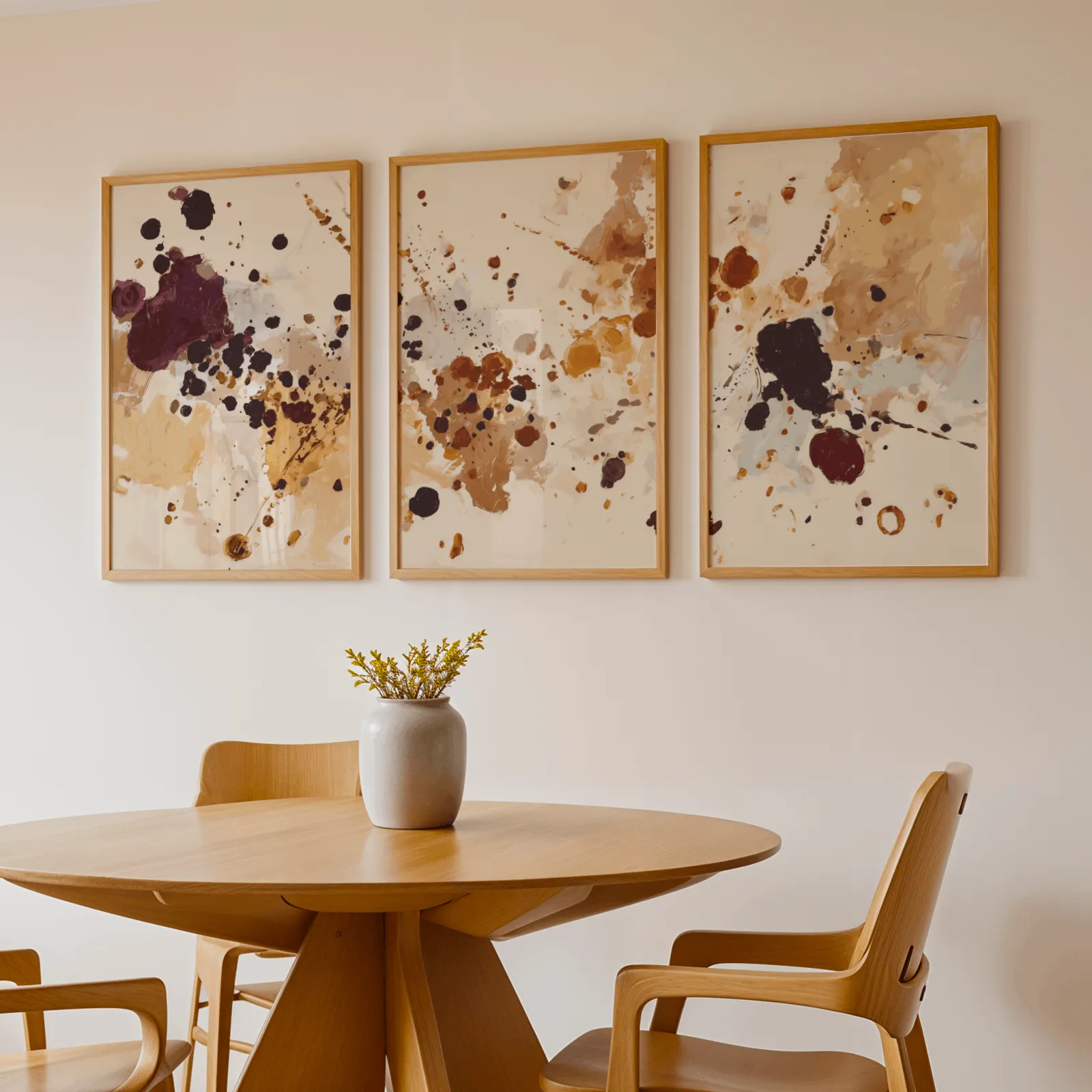 burgundy and brown abstract splatter wall art set of 3, above a round wooden table with a stoneware vase