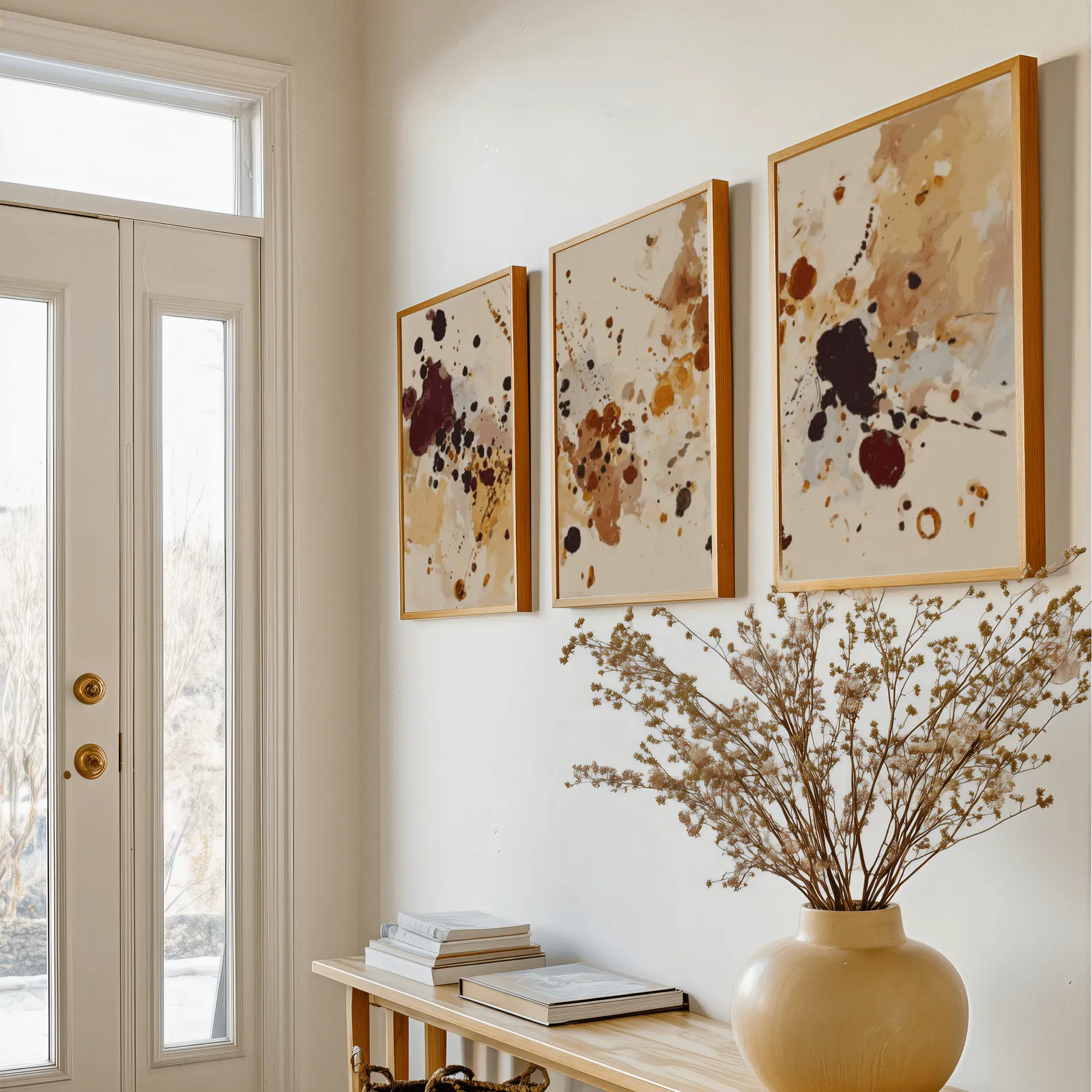 burgundy and brown abstract splatter wall art set of 3, above a console table with a yellow vase of dried branches