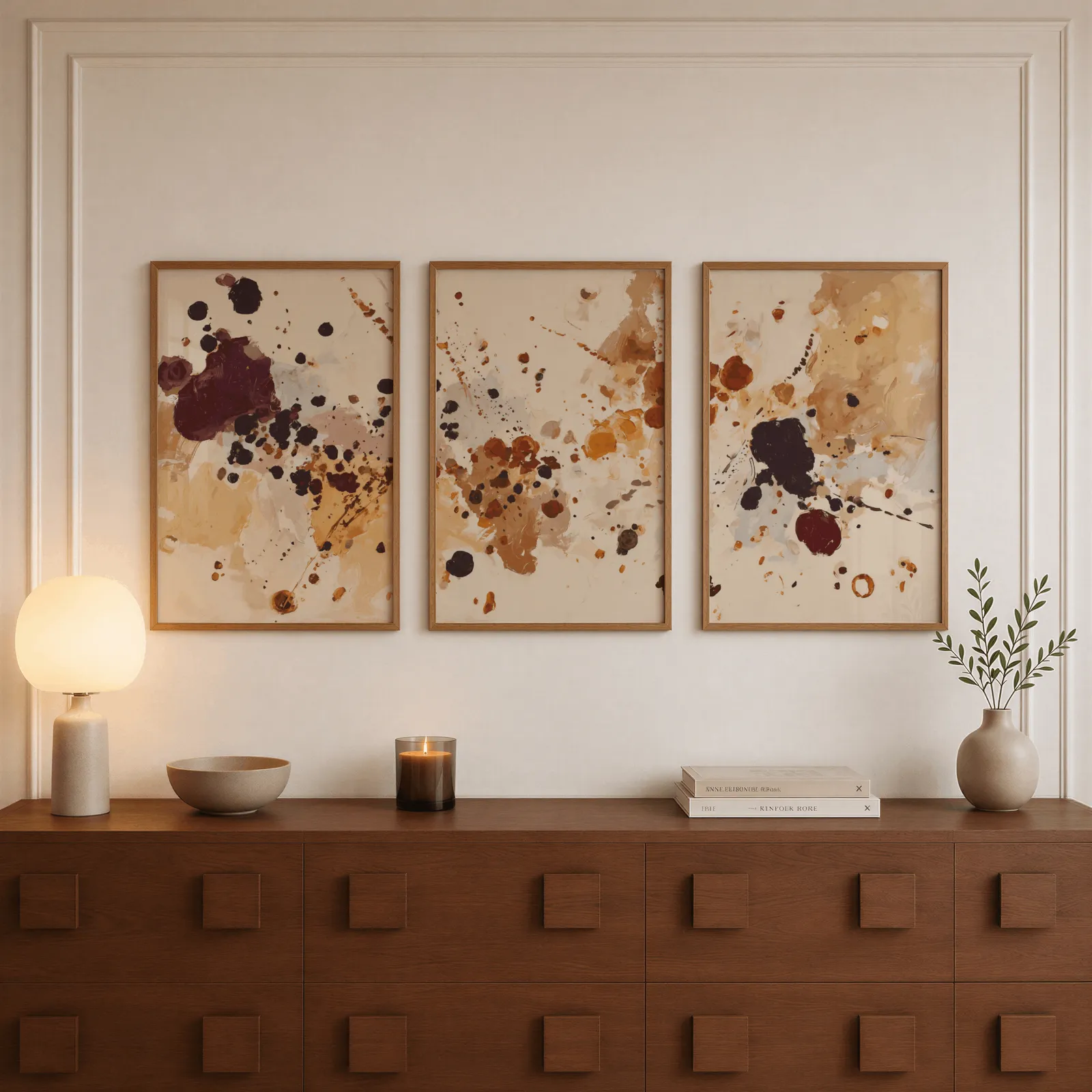 burgundy and brown abstract splatter wall art set of 3, above a walnut sideboard with a lit candle and glowing lamp