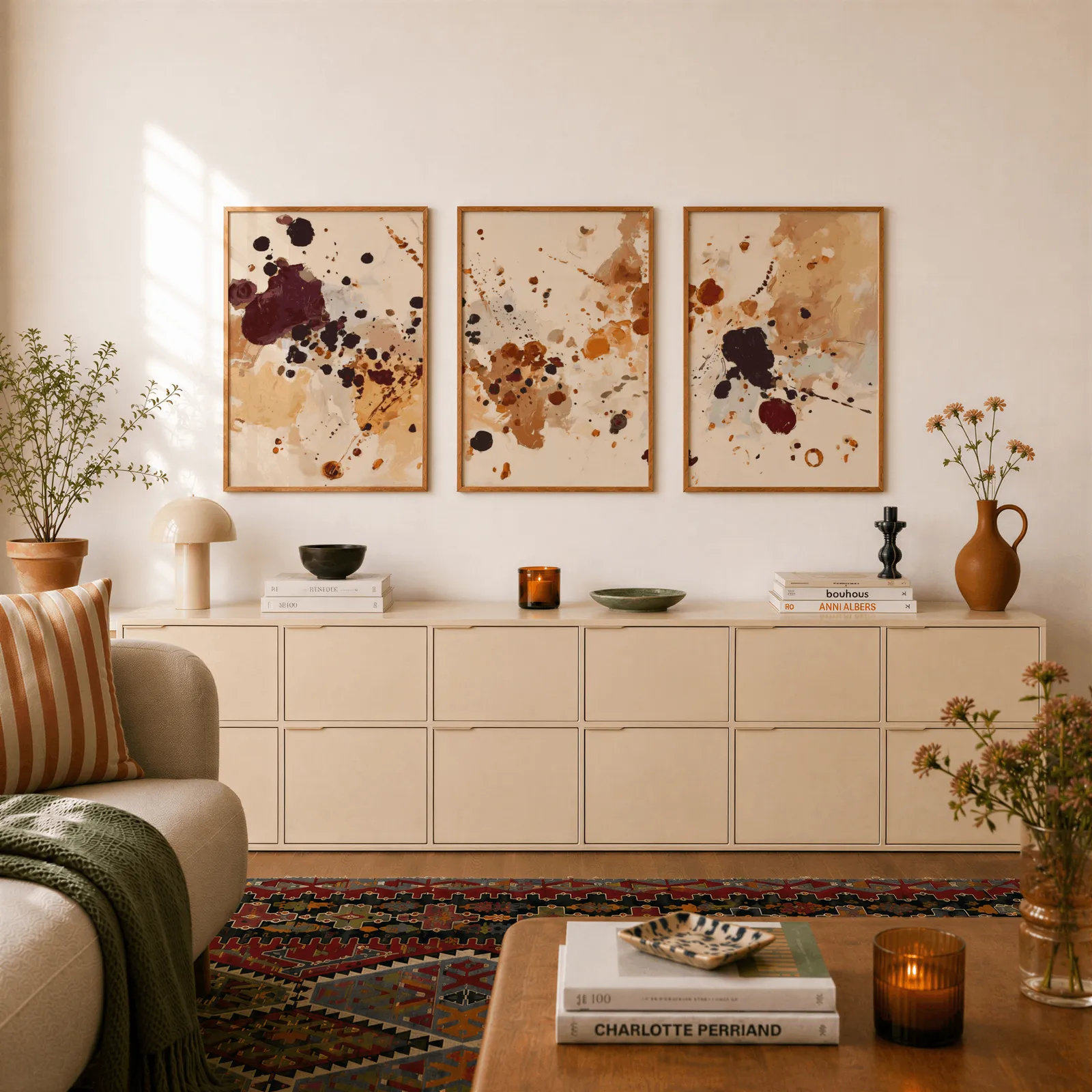 burgundy and brown abstract splatter wall art set of 3, above a long cream sideboard topped with books and a terracotta jug