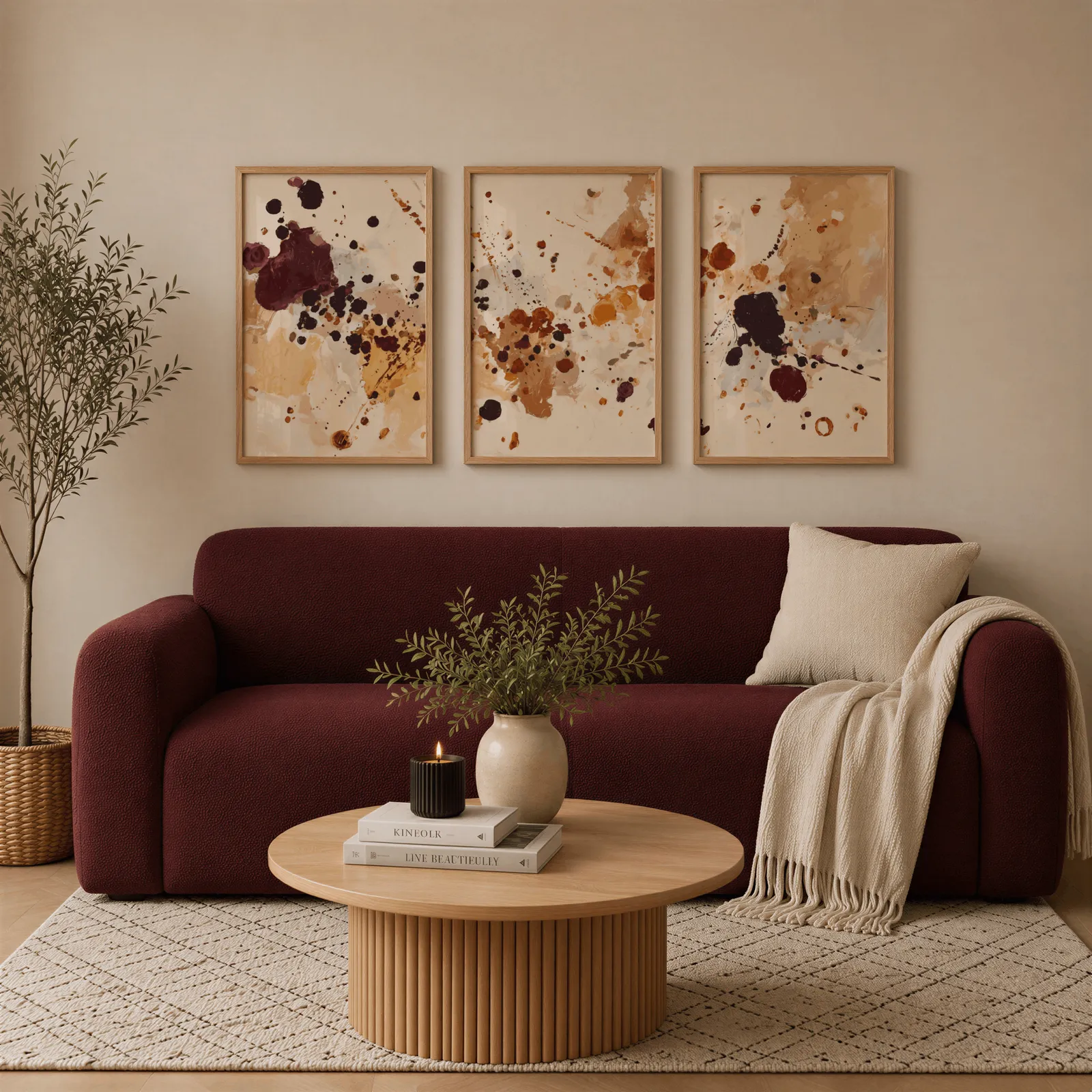 burgundy and brown abstract splatter wall art set of 3, above a burgundy boucle sofa with a cream throw