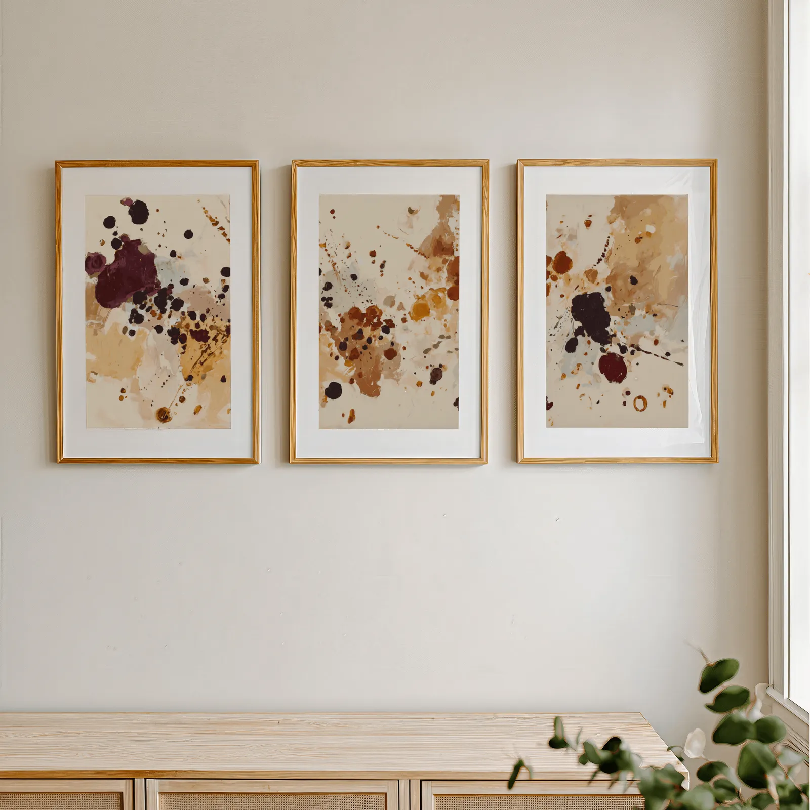 burgundy and brown abstract splatter wall art set of 3, in a row above a light wooden sideboard near a window