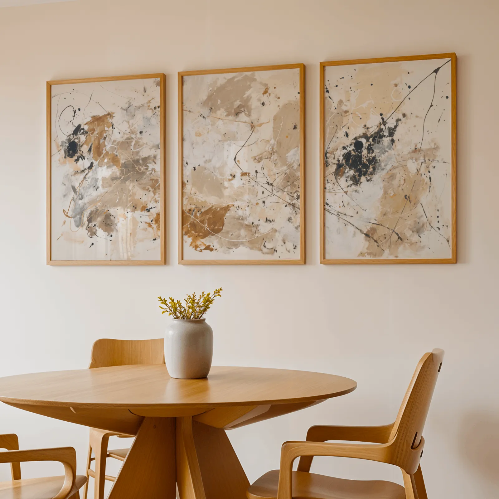beige and black abstract triptych wall art, above a round wooden table with a stoneware vase