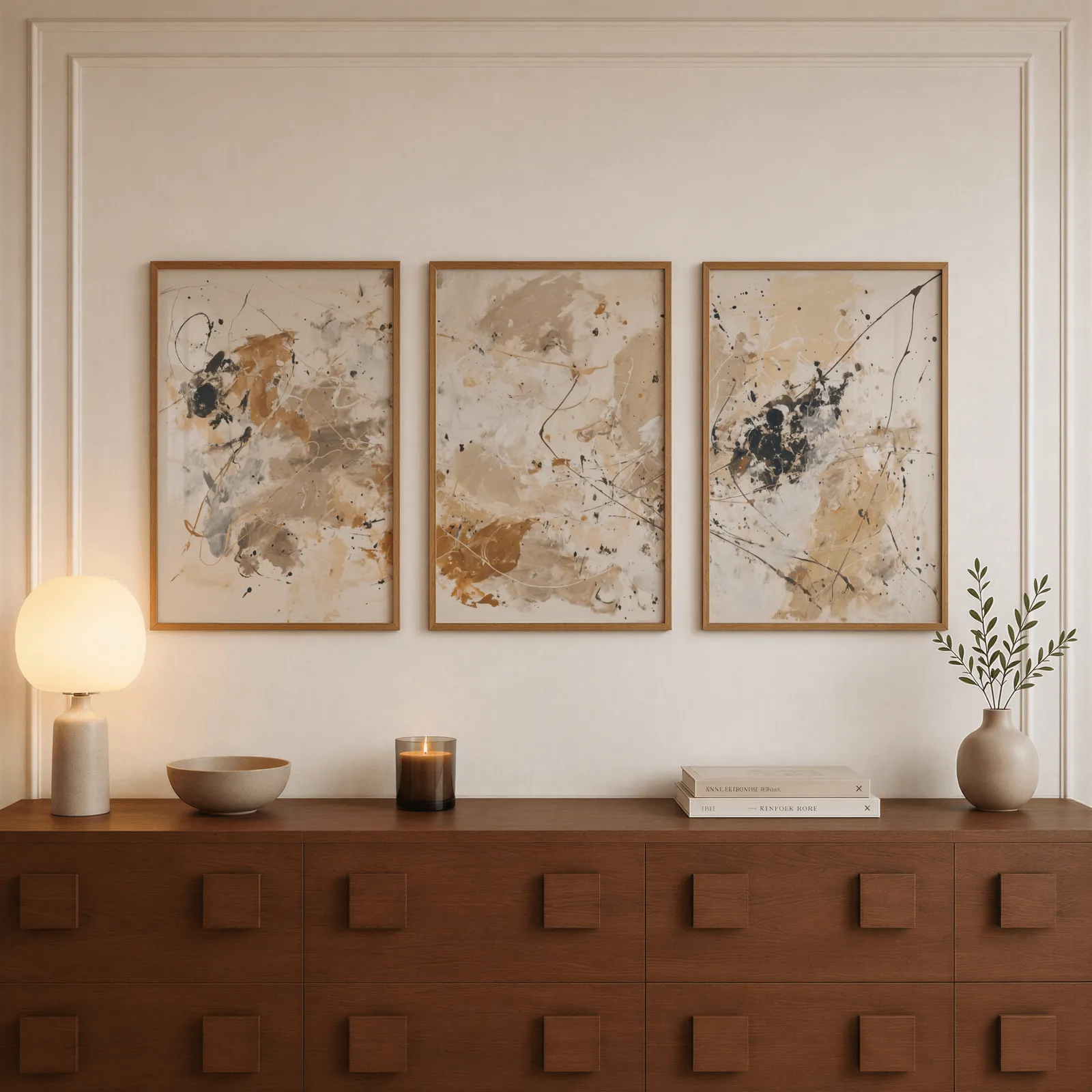 beige and black abstract triptych wall art, above a walnut sideboard with a lit candle and glowing lamp